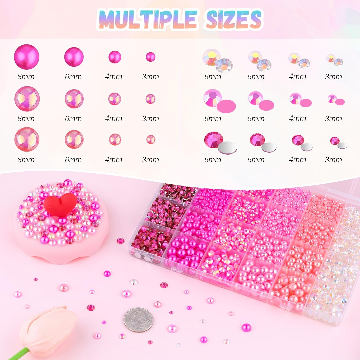9000Pcs Flatback Pearls and Rhinestones for Crafting, Hot Pink Light Pink Mixed Size 3-8mm Resin Rhinestones and Half Pearls for Bedazzling, Nail Art with Tweezers and Pickup Pencil