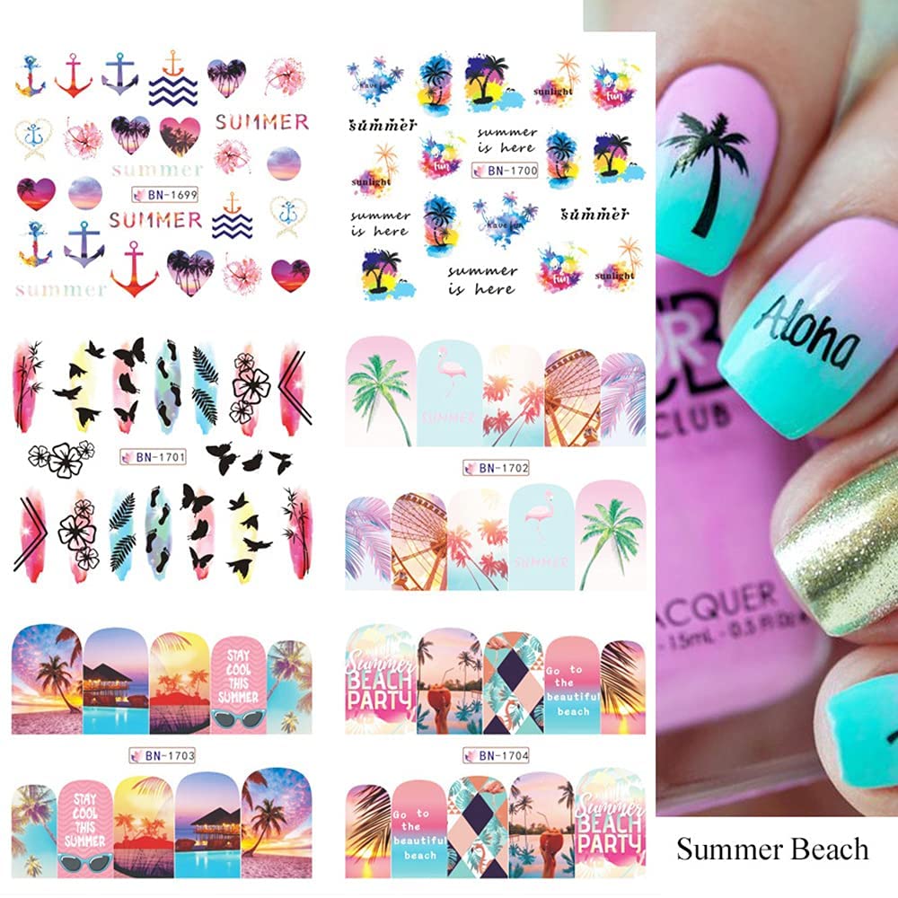 ROMODIYA Summer Nail Stickers & Decals, 12 Sheets, Multicolor Fruits & Flamingo Tropical Designs, Water Transfer Nail Decals for Women & Girls, DIY Nail Art Accessories