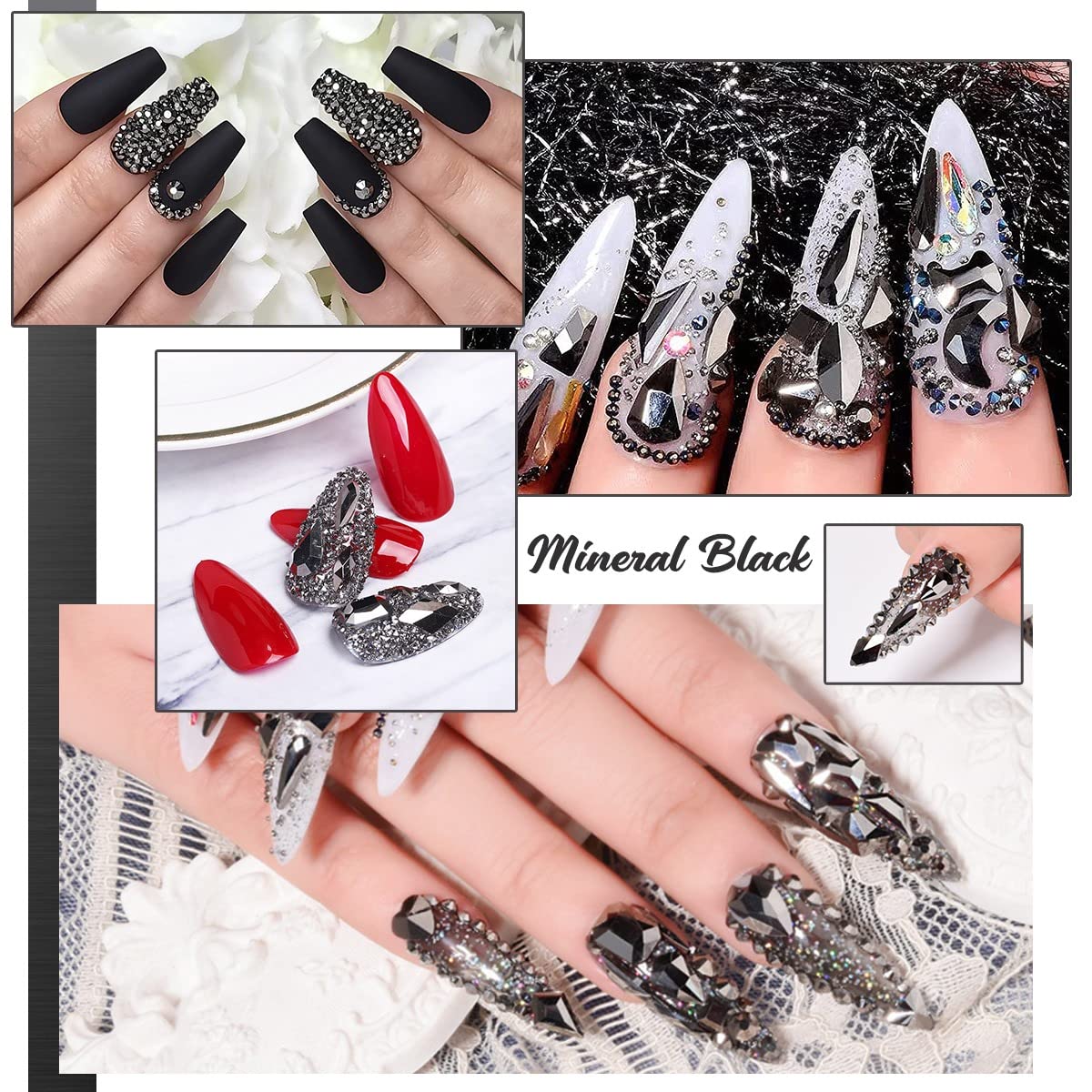 2630Pcs Mine Black Nail Rhinestones 120 Multi Shapes Metallic Black Big Gems Nail Charms +2510 Flatback Rhinestones Round Beads K9 Glass Stones Nail Art Diamonds jewels for Nails Eyes Makeup Crafts