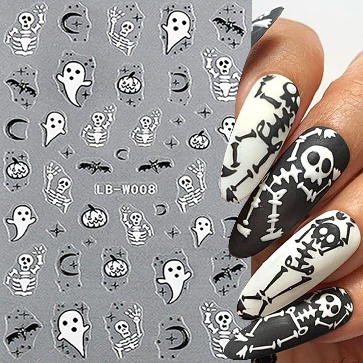 8 Sheets Halloween Nail Art Stickers Cute Ghost Nail Decals 3D Self-Adhesive Goth Skull Pumpkin Nail Stickers Halloween Acrylic Nail Art Decoration for Women Holiday French Nail Art Supplies