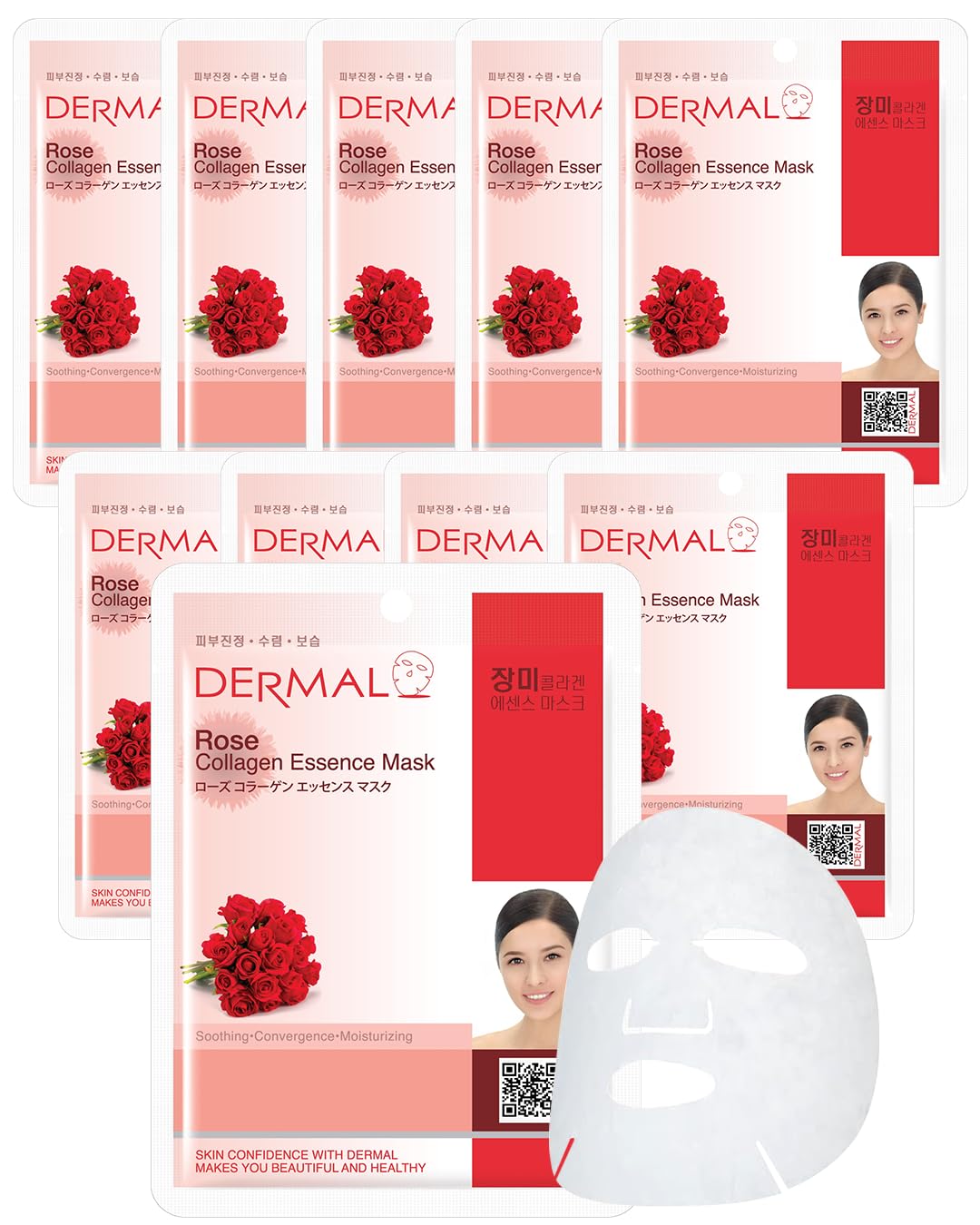 DERMAL Rose Collagen Essence Korean Facial Mask Sheet Pack of 10 - Reviving Tired Skin, Soothing & Hydrating - Hypoallergenic Skin Friendly Sheet