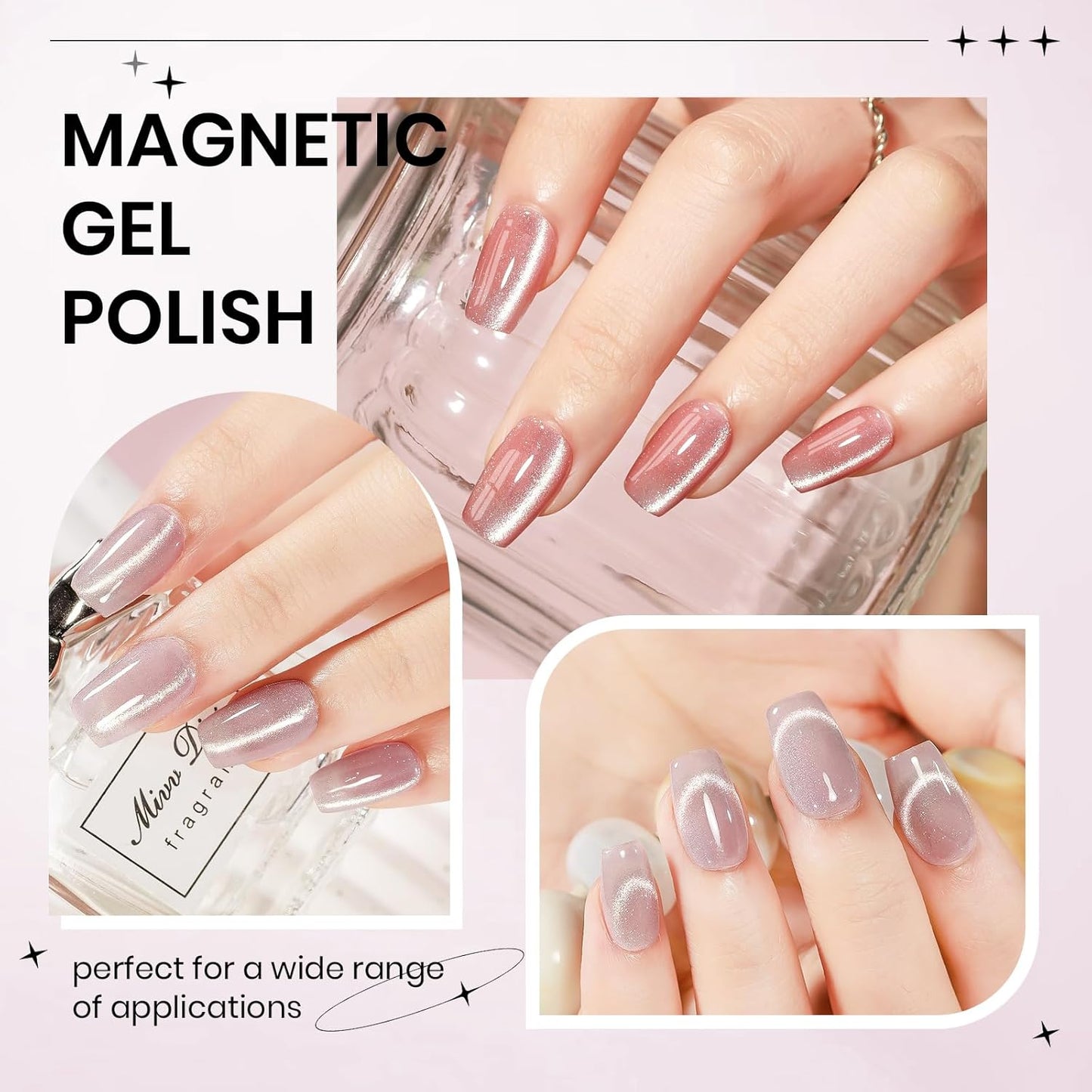 2PCS 15ML CatEye Gel Nail Polish, Nude Pink Cat eye Gel Polish Crystal Glitter Shimmer Effect with Magnetic Stick Soak Off Salon DIY at Home