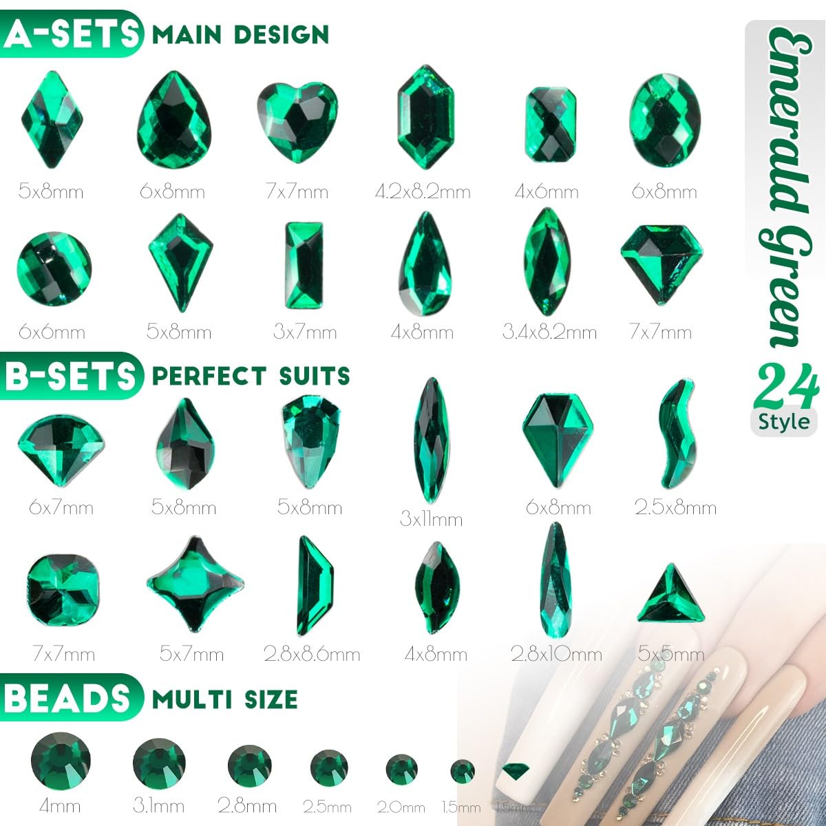 24 Styles Emerald Green Nail Rhinestones Multi Shapes Flatback Crystals Gems Round Beads K9 Glass Stones Diamonds Jewels Nail Art Charms Supplies for Nails Face Eyes Makeup Crafts Clothes Shoes