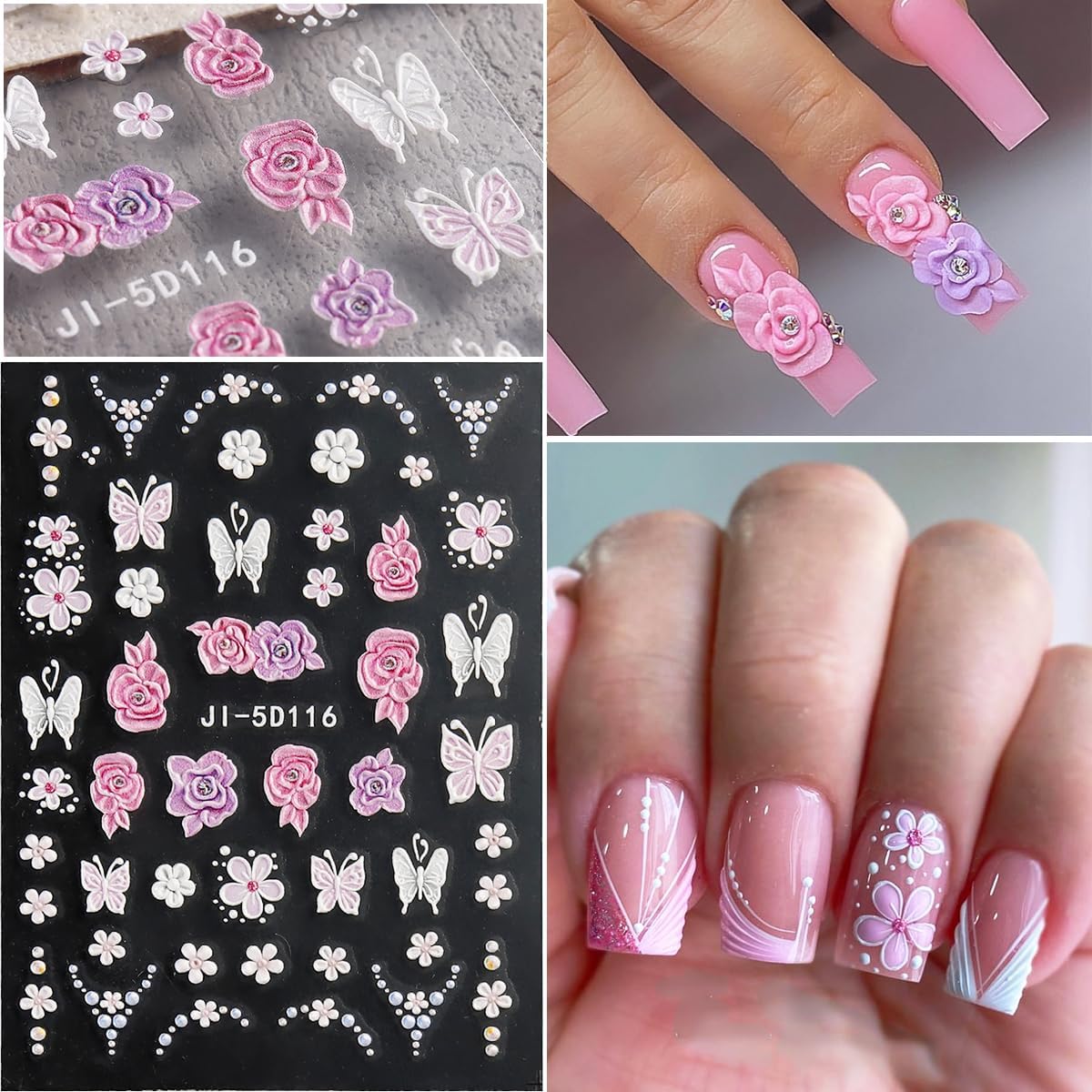 Flowers Nail Stickers 4 Sheets 5D Embossed Floral Nail Decals, Summer Neon Nail Design, 3D Acrylic Engraved Hibiscus Flowers Rose Butterfly Stickers for Nail Art Pegatinas Uñas