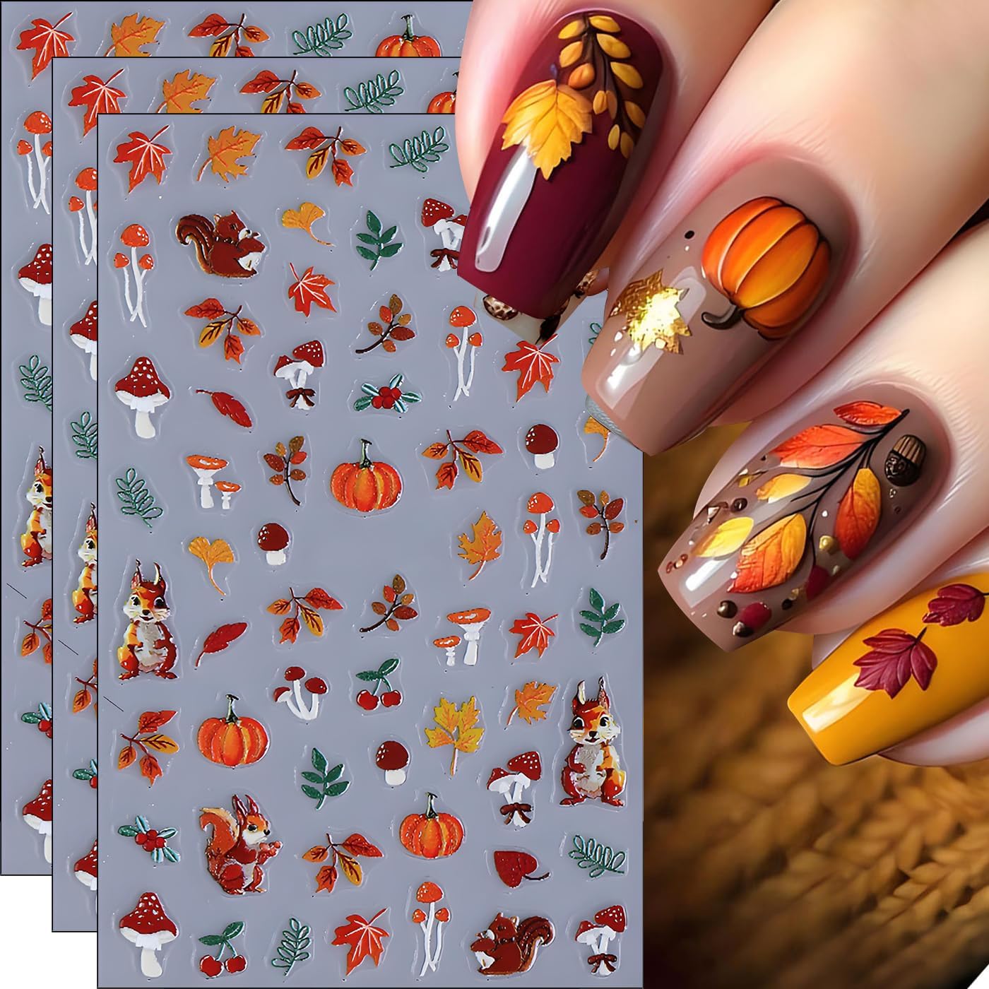Fall Nail Art Stickers, Cute Fox Nail Art Decals 3D Self-Adhesive Leaves Pumpkin Nails Stickers Fall Flowers Nail Design 3Pcs Nail Art Supplies for Women Fall Nail Decoration