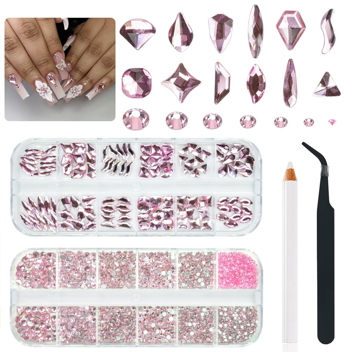 3080Pcs Pink Rhinestones Nail Crystals 120 Multi Shapes Flatback Light Pink Gems Round Beads K9 Glass Stones Diamonds jewels Nail Art Supplies Nail Charms for Nails Faces Eyes Makeup Crafts DIY
