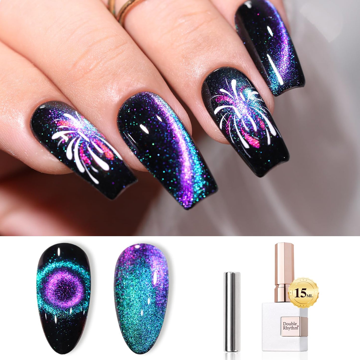 Double Rhythm Jelly Glass Cat Eye Gel Polish with Magnet 15ML Holographic Glitter Shimmer Translucent Sheer Color Magnetic Nail Polish Salon DIY at Home (Blue Purple-MC1049)