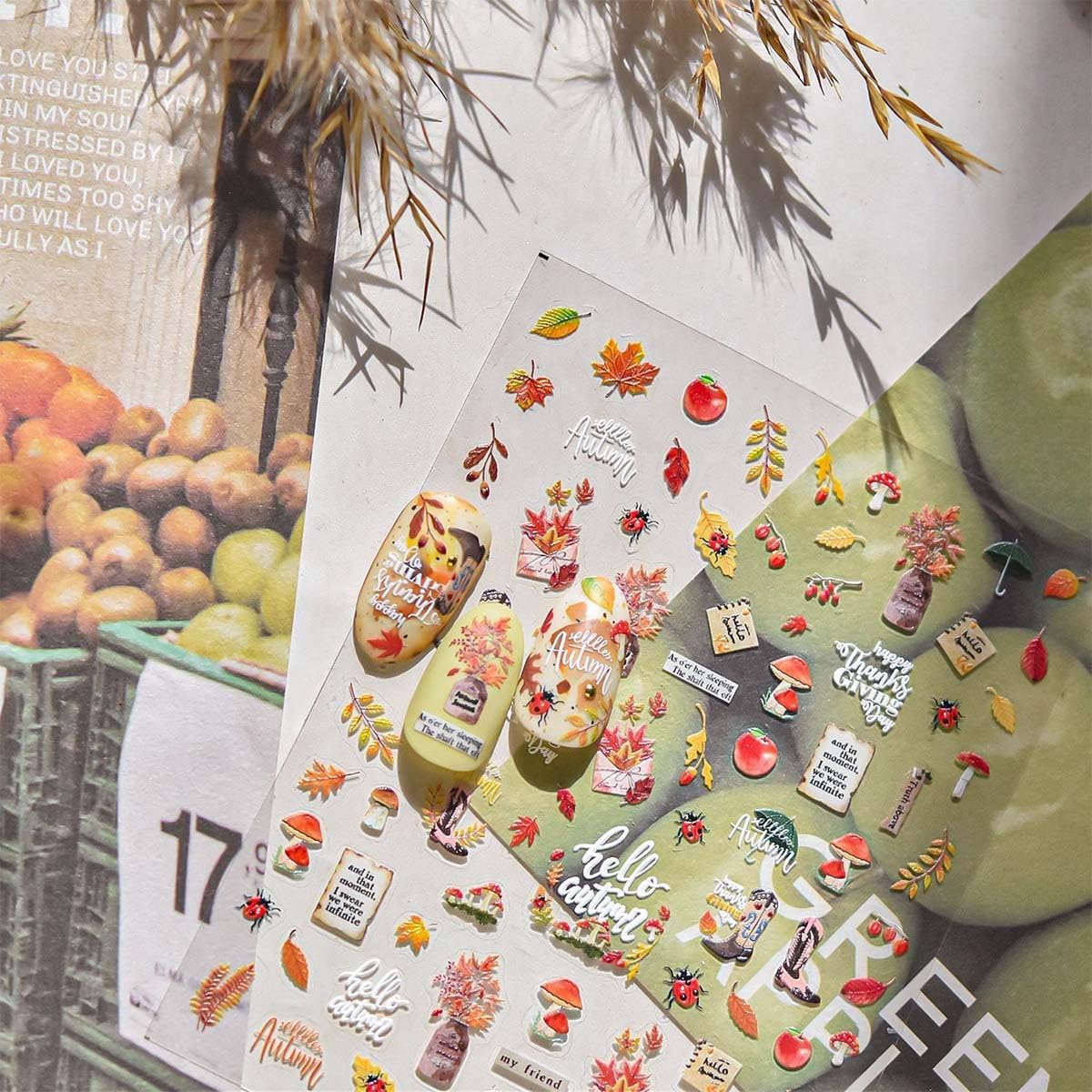 1Sheet Autumn Nail Art Stickers 5D Embossed Fall Nail Decals Maple Leaf Nail Stickers 3D self-Adhesive Thanksgiving Day Nail Accessories for Women Manicure Supplies Decoration