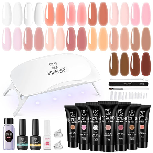 ROSALIND Poly Nail Gel Kit -16 Colors + Nude Pink Nail Art Accessories kit Clear Nude Poly Nails Gel Kit Starter Kit With Slip Solution Nude Pink Nail Extensions Gel Set with Mini UV Lamp