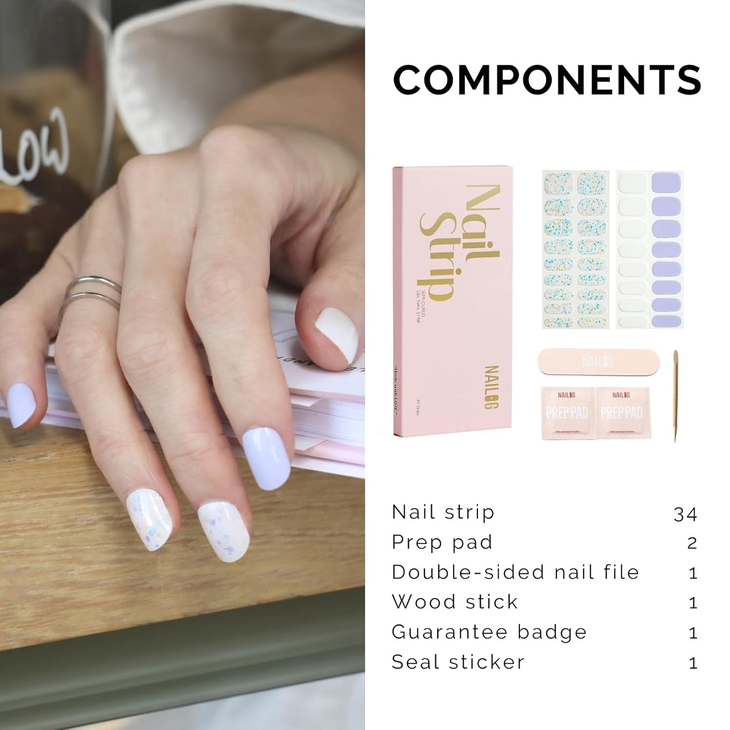 NAILOG Semi Cured Gel Nail Strips 34 pcs| Buy 2 Get 1 UV Lamp | Long Lasting Nail Polish Sticker Wraps with Glossy Gel Finish, Innocent