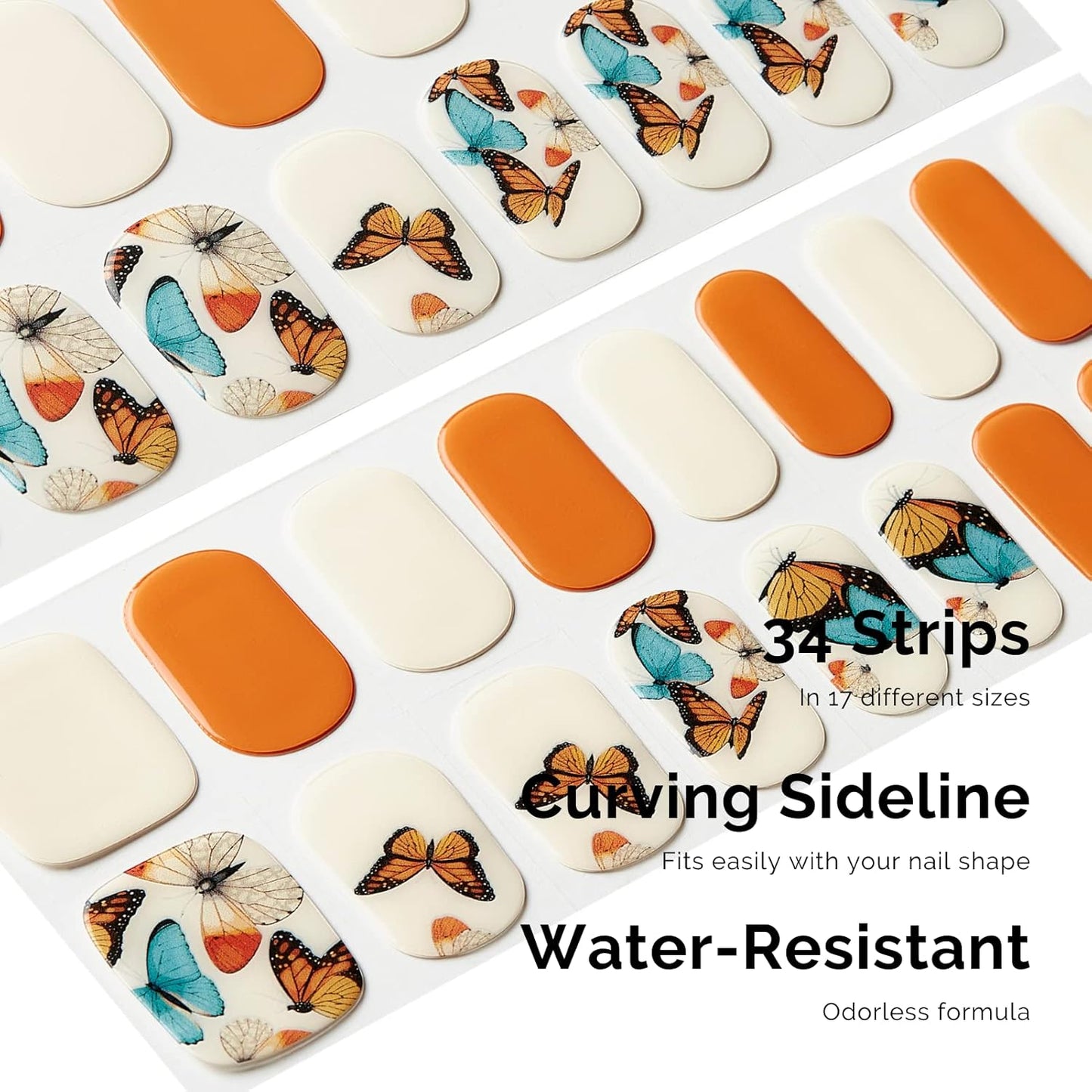 NAILOG Semi Cured Gel Nail Strips, 34 pcs Salon-Quality Gel Nail Stickers, Long Lasting Nail Wraps for Women with Soft Gel Finish | Butterflies