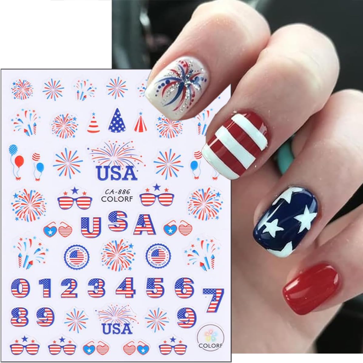 8Pcs Multicolor USA Flag Patriotic Nail Stickers, Self-Adhesive, Paper, Rectangular, 2x3 Inches, Single Use, Outdoor, Nail Art