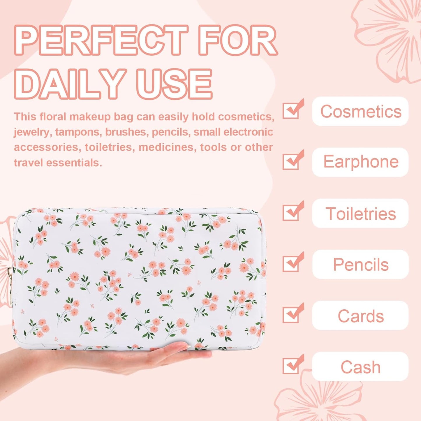 Waterproof Small Floral Makeup Bag Pouch for Purse,Nylon Flower Cosmetic Bag Preppy Travel Toiletry Storage Bag for Women Girl,Cute Makeup Organizer Bag Skincare Bag with Zipper(Small White-Flowers)