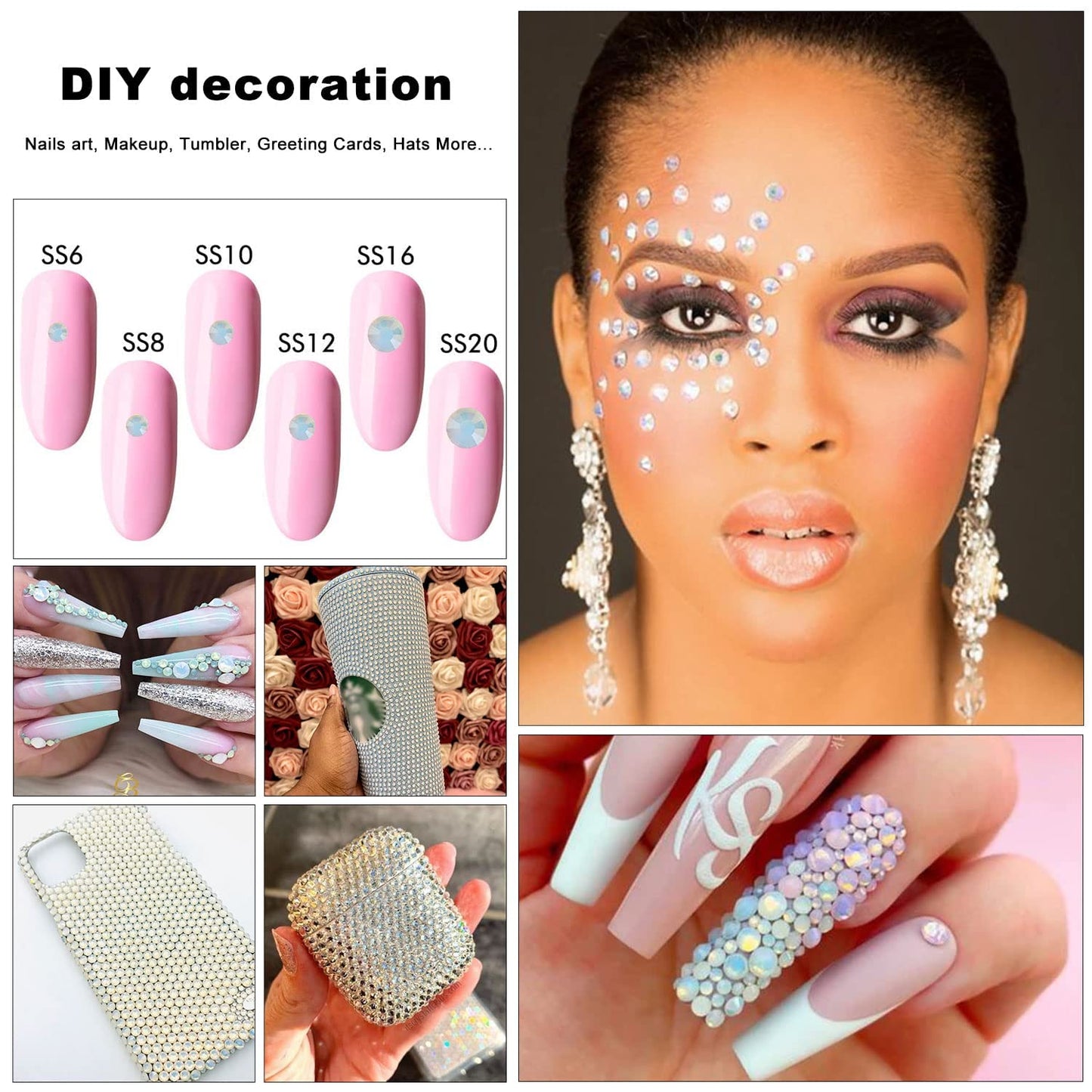 4240Pcs White Opal Flatback Rhinestones 6 Sizes Crystal Diamonds for Nail Art Crafts Clothes Shoes with Tweezers and Picking Pen