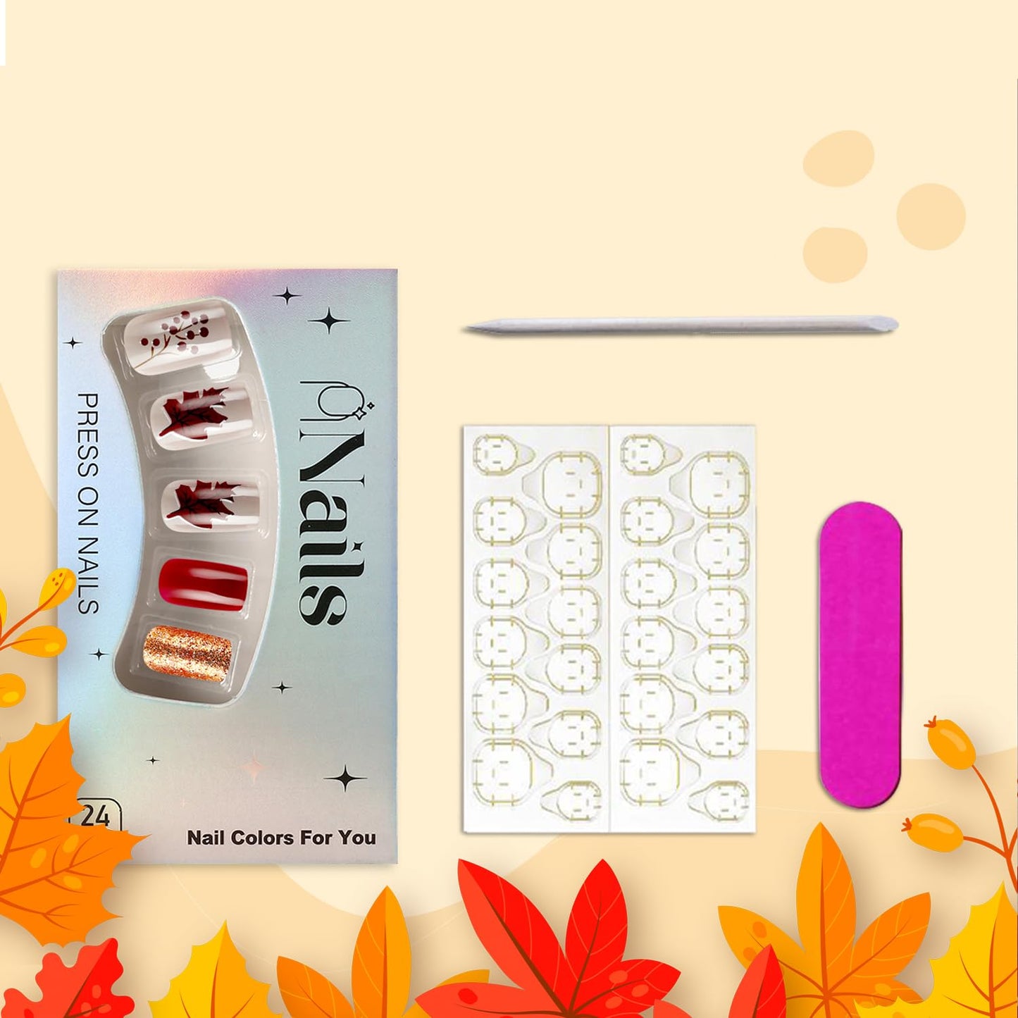 Vintage Maple Leaf Press on Nails Medium Square Fall Fake Nails Thanksgiving Maple Leaves Glue on Nail Glossy Autumn Gold Glitter Acrylic Stick on Nail for Women DIY Manicure