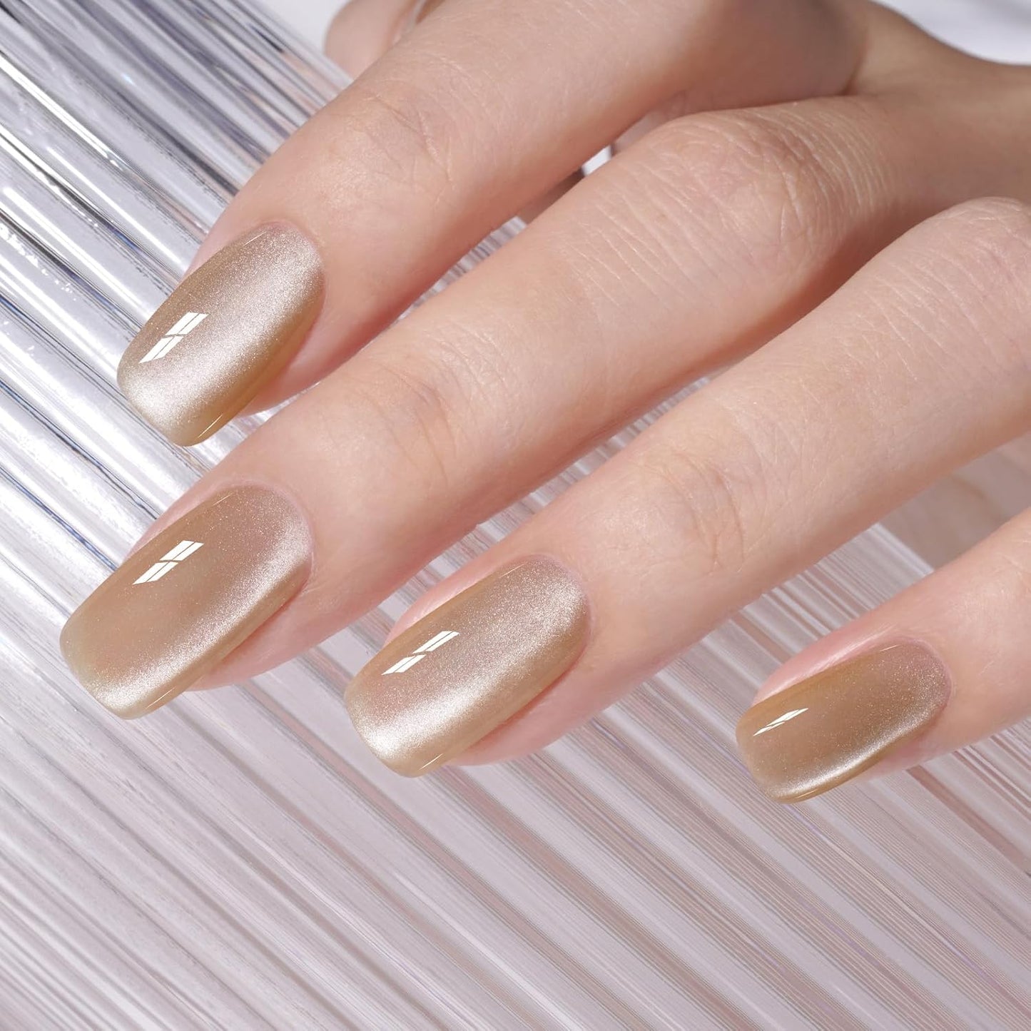 AILLSA Cat Eye Gel Nail Polish Champagne Gold Crystal Polish with Magnet, Jelly Glitter Glass Nail Polish Reflective Sparkle Translucent Shimmer Color U V Gel Salon DIY at Home 0.5 OZ GF29