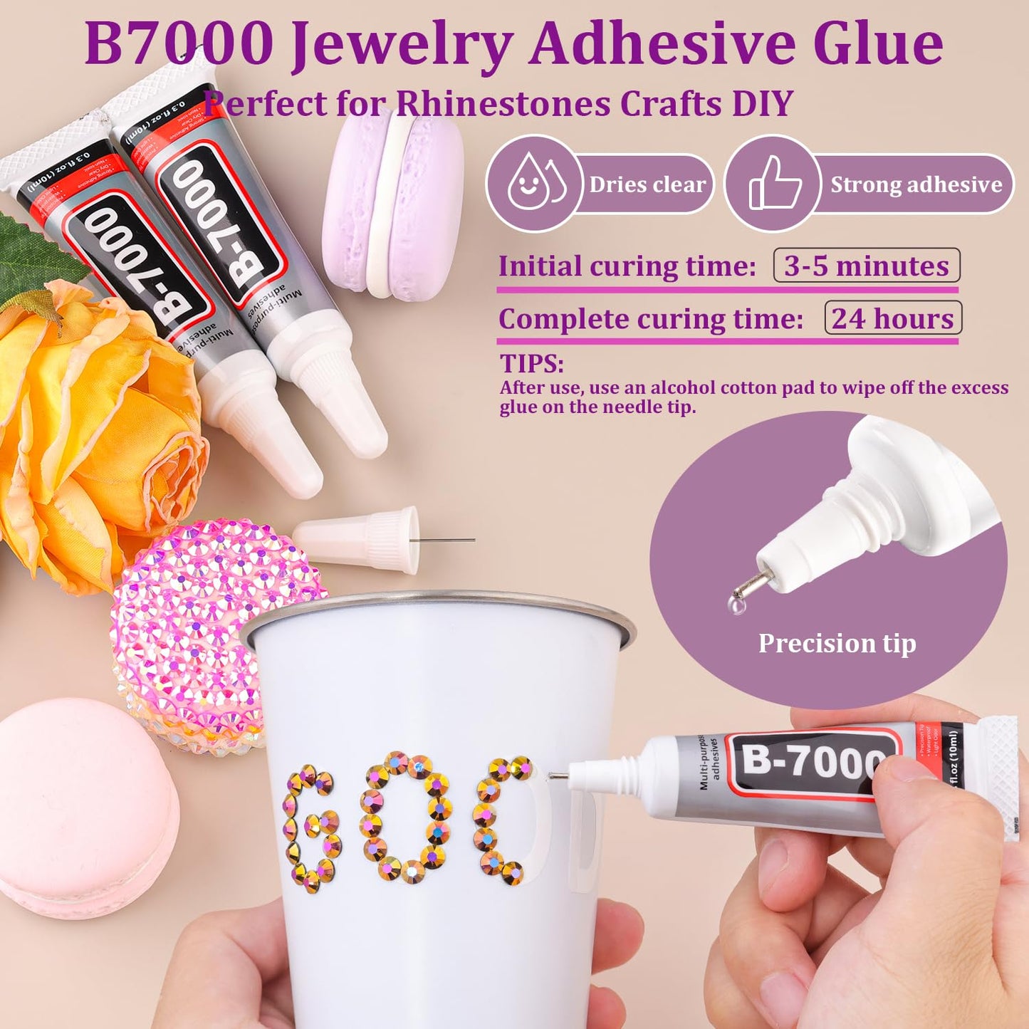 Resin Jelly Rhinestones for Crafting with B7000 Jewelry Glue, 2 Boxes Gold Rose AB Flatback Crystals with 3Pcs 10ml Glue, Bedazzling Non Hotfix Gems for DIY Tumblers Clothing Shoes Manicure