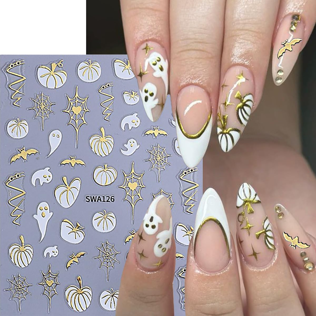 Halloween Nail Stickers Pumpkin Nail Sticker for Nails Art Spider Web Nail Decals Leaf Ghost Bat Heart Gold Hollow Design Cute Autumn Nails Stickers Decoration Manicure Supplies for Women