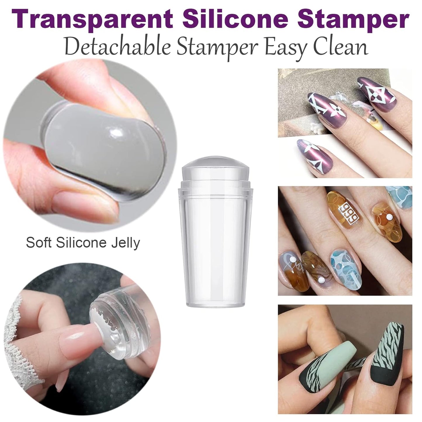 Nail Stamper Nail Art Brushes, French Tip Nail Stamp Clear Nail Art Stamper Jelly with Scraper, 15pcs Nail Pen Brushes, Soft Silicone Stamper Printer DIY French Tip Nail Stamping Manicure Tool