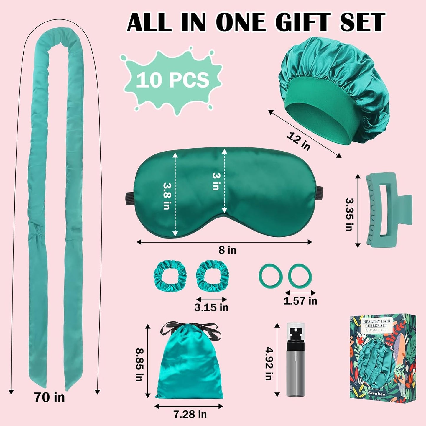 Satin Heatless Curls Overnight Hair Curlers to Sleep In Hair Curler Rollers No Heat Hair Wrap for Curls Headband, 70" Satin Heatless Curling Set for Women Long Waves Hair Volume -Green 10 PCS