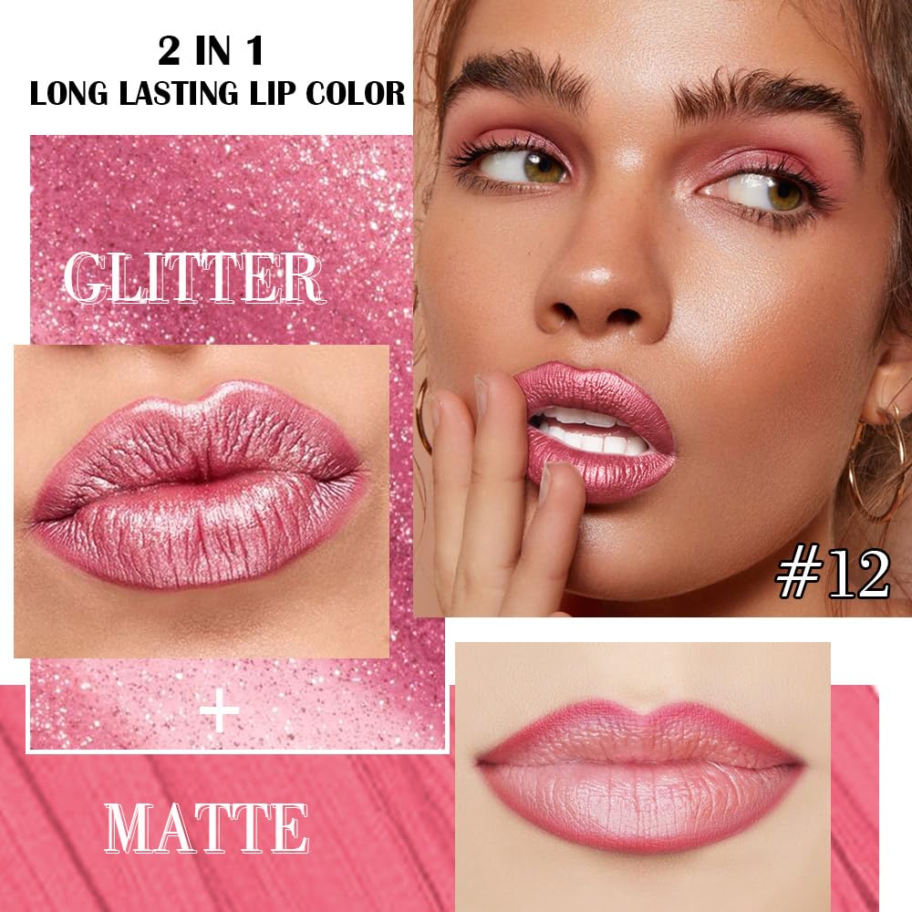 evpct Warm Pink Metallic Glitter Lip Liner and Lipstick Combo Lip Gloss Stain Set Makeup for Women Long Lasting Waterproof 24, Baby Pink Metallic Shimmer Frosted Iridescent Glossy Liquid Lipstick 12