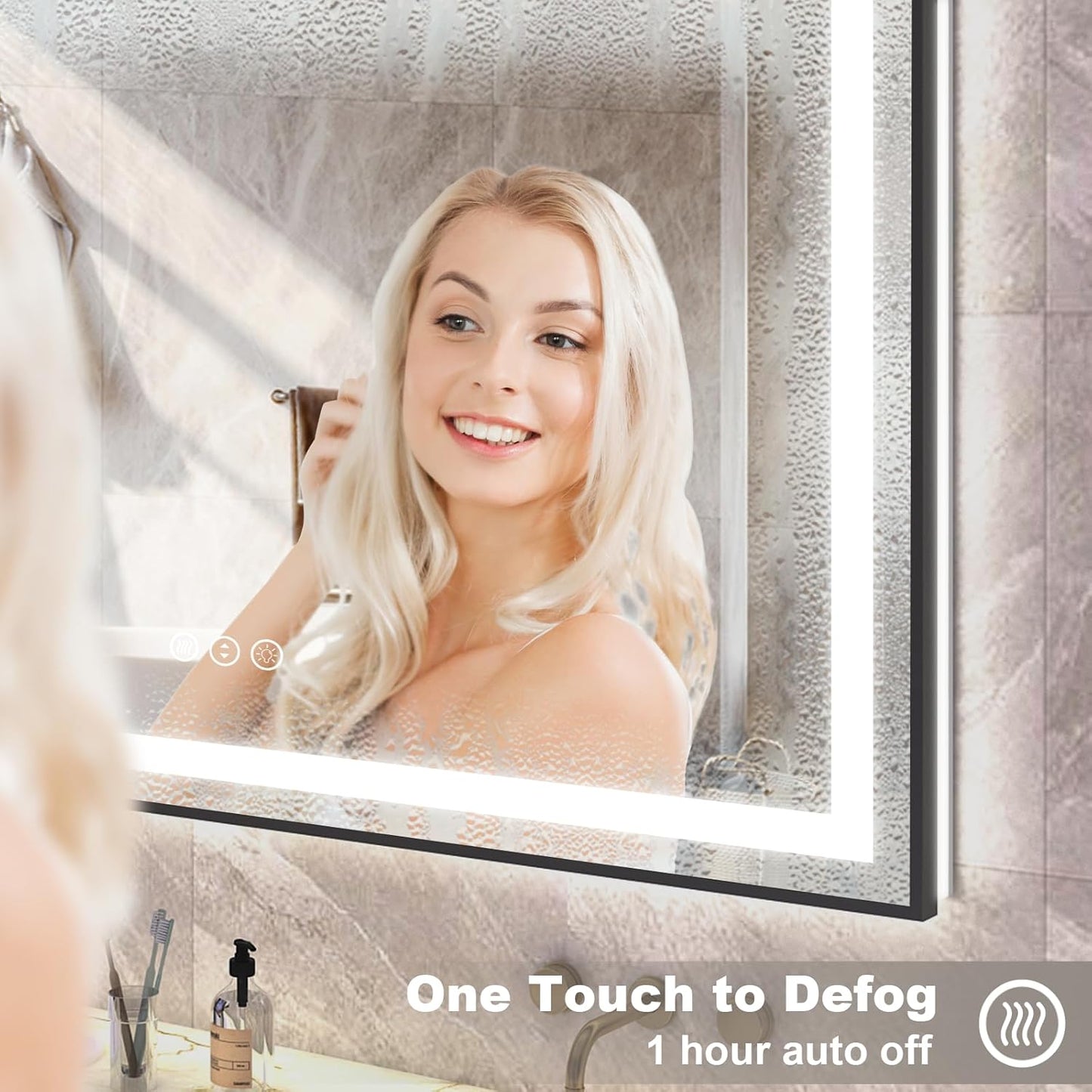 OKPAL 40x32 LED Bathroom Mirror with Lights, Lighted Mirrors for Bathroom Wall, Black Frame Lighted Vanity Mirror, Front and Backlit, Dimmable, Anti-Fog, Memory, Horizontal/Vertical