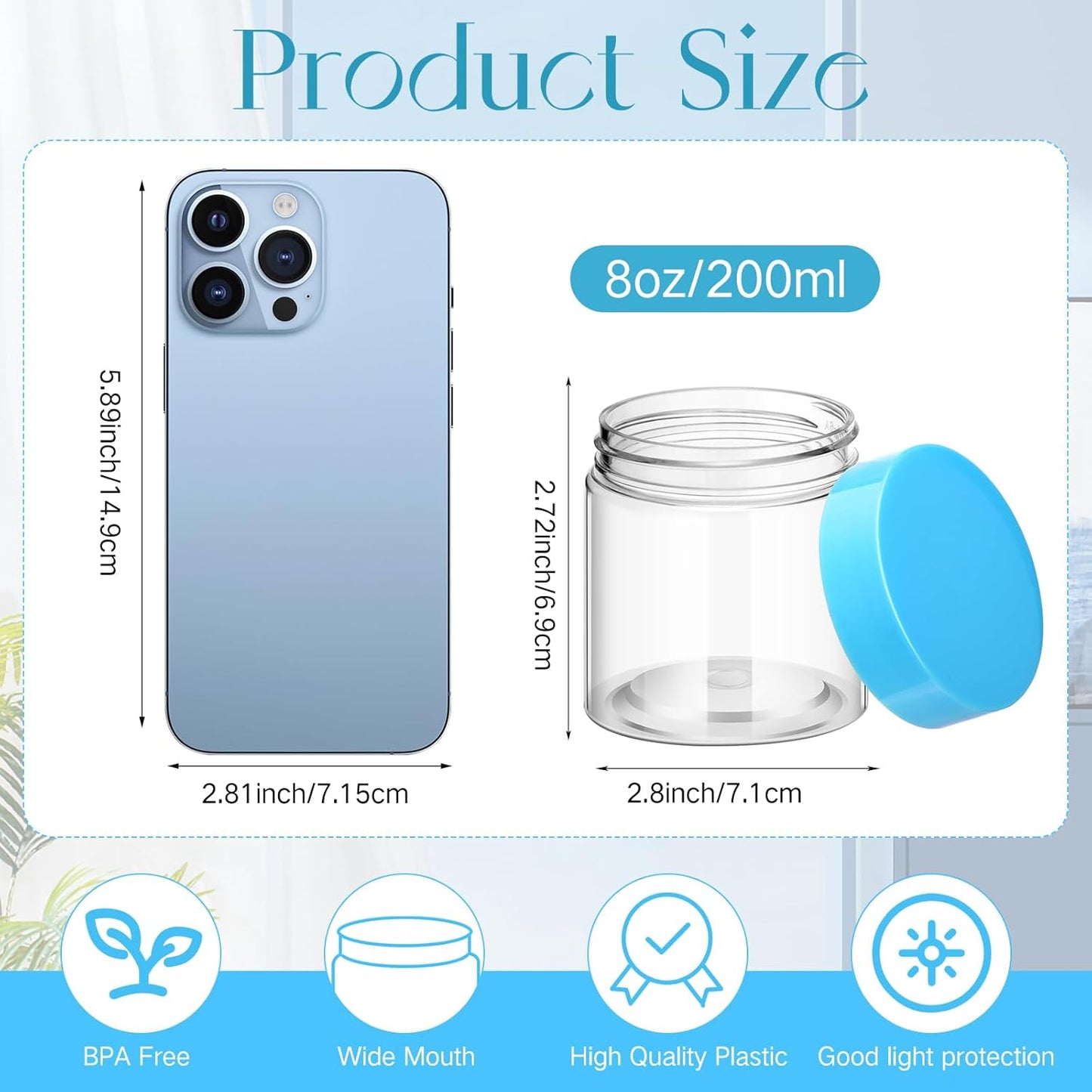 SATINIOR 100 Pcs Plastic Jars with Lids Small Containers Lids Wide Mouth Small Plastic Containers for Lotion Cream Rhinestones Body Butters Travel Storage(8 oz, Blue)