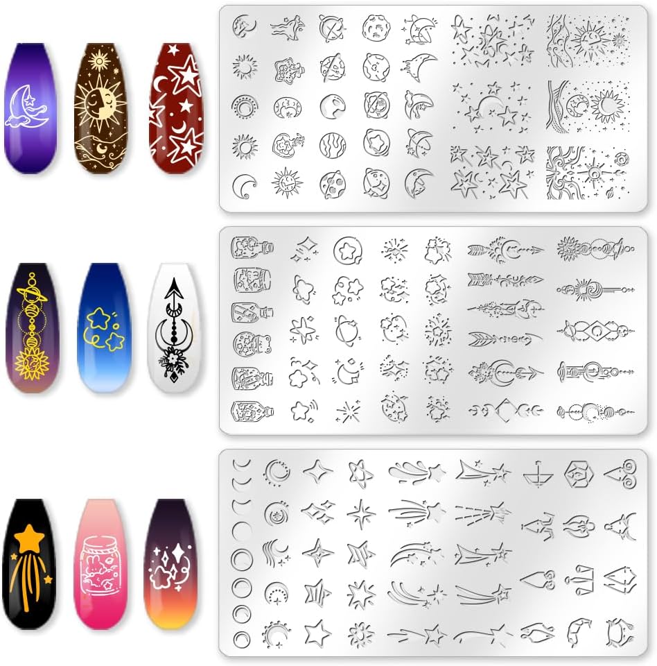 3Pcs Sun Moon Star Nail Stamping Plate Nail Stamping Templates French Tip Nail Art Stamp Plates Image Plate Stainless Steel DIY Reusable Tools for Manicure Printing