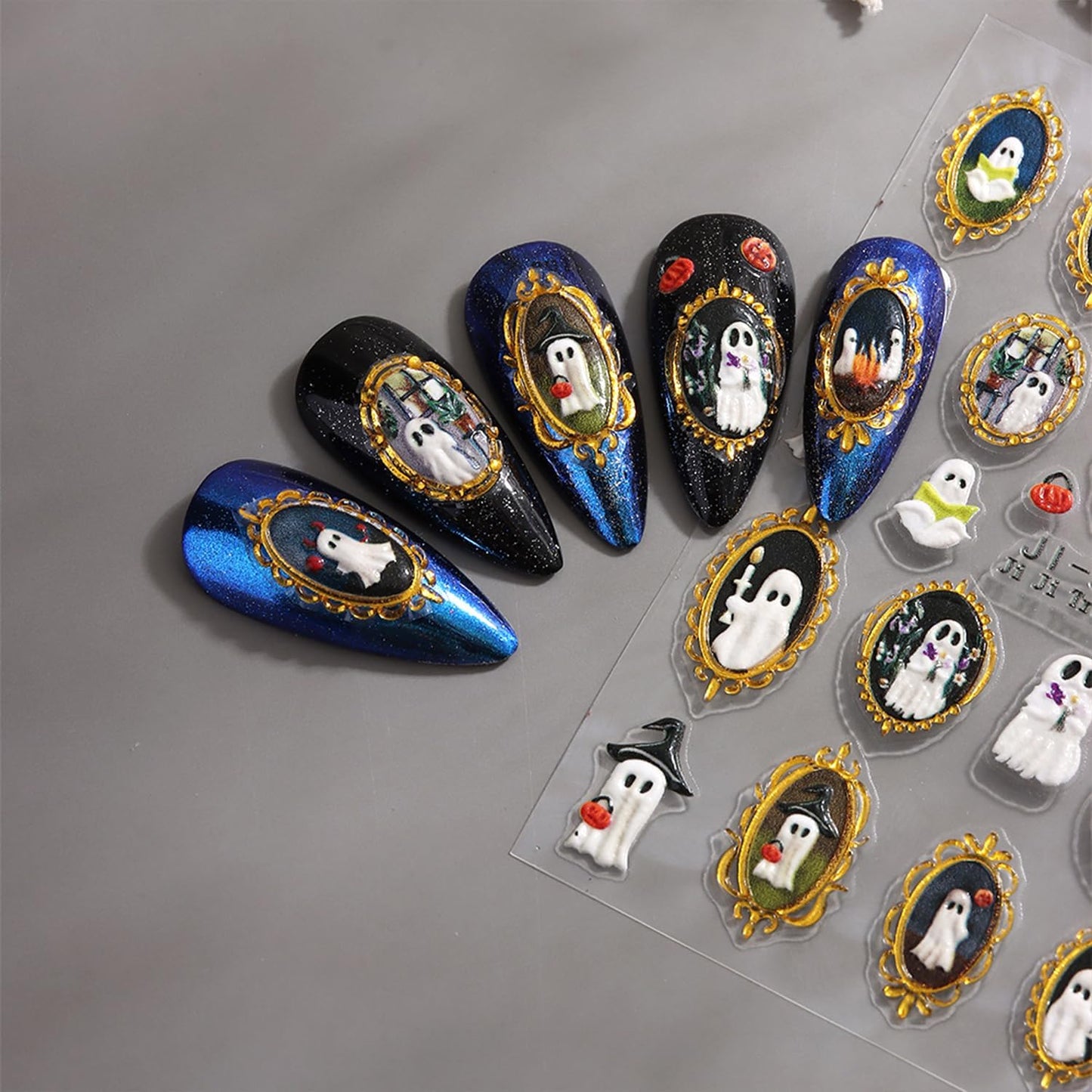 Retro Halloween Nail Art Stickers Decals Pumpkin Spider Nails Sticker 5D Embossed Spider Ghost Nails Decal Self-Adhesive Halloween Nail Decor for Women (4 Sheets)