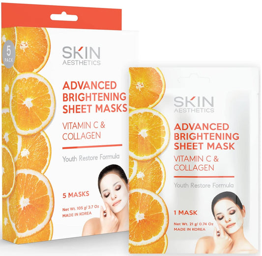 Vitamin C & Collagen Sheet Face Mask - Reduces Wrinkles & Age Spots, Hydrating - Dermatologist Tested Korean Skincare - Clean Beauty, Cruelty-Free - 5 Masks