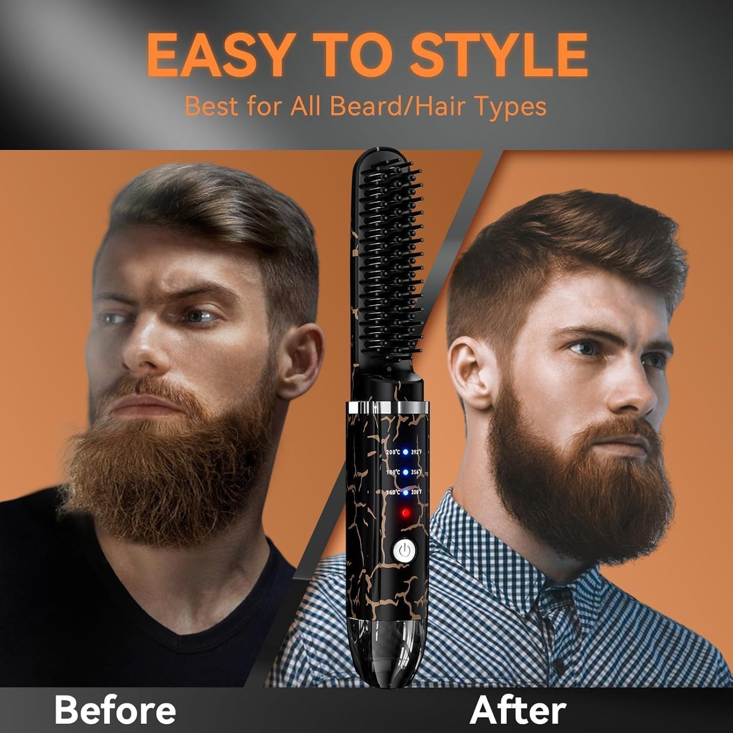 Beard Straightener for Men, Cordless Heated Beard Brush, Portable Beard Hot Combs, Ionic Mini Hair Straightener with 3 Temp Settings, Coarse Curly Hair Brush, Grooming Kit for Men
