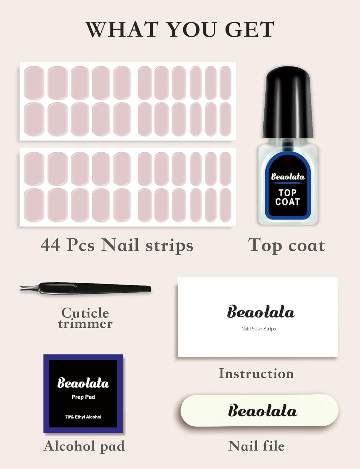 Nail Polish Strips, 44PCS Salon Quality Wraps with Top Coat, Long Lasting Gel Nail Stickers for Women Easy Apply& Remove (Nude Pink)