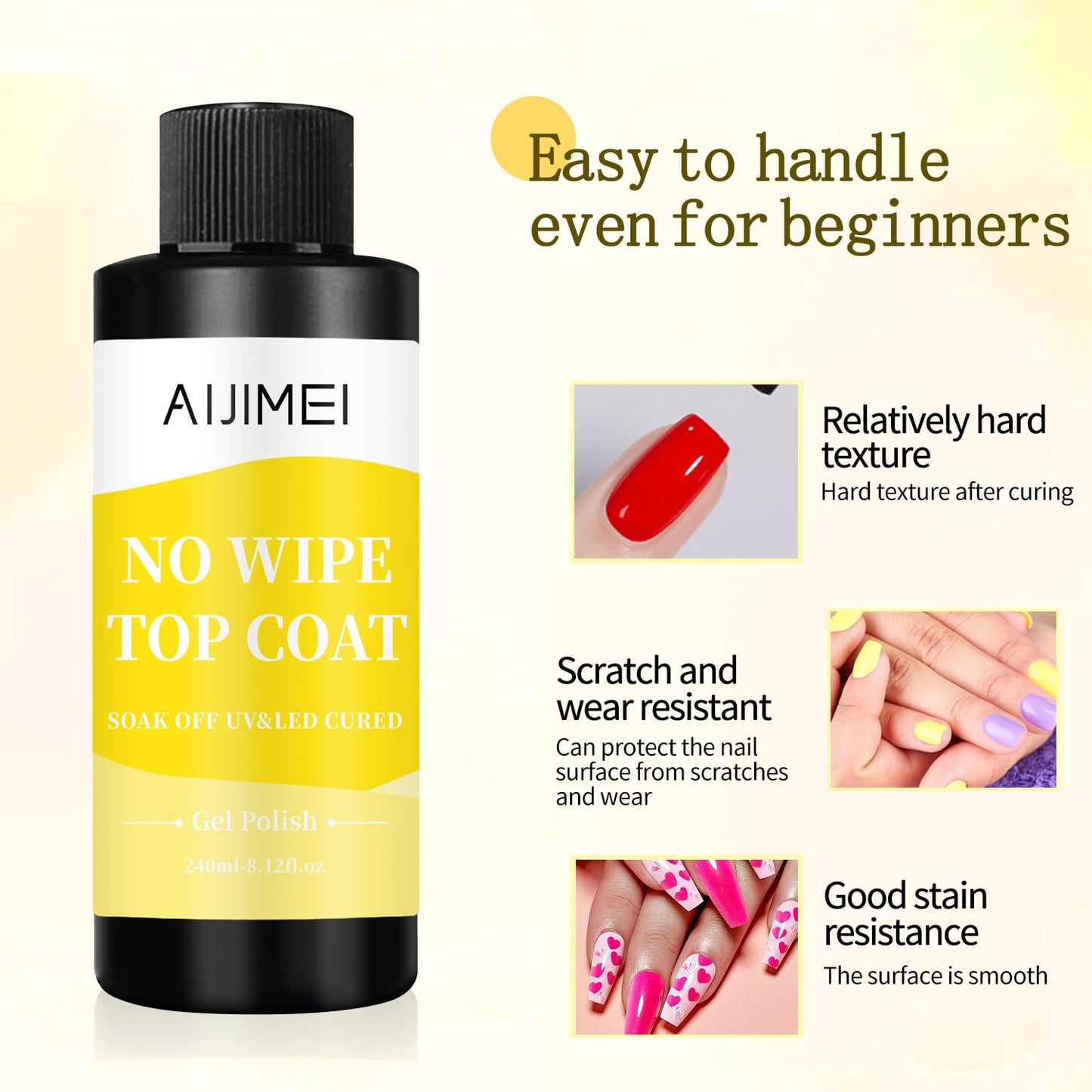 AIJIMEI 240ml Gel Polish No Wipe Top Coat Long Lasting Top Gel for Acrylic Nails,Gel Top Coat for Home DIY and Nail Salon Non-Wipe TopCoat for Gel Polish 8 Fl Oz