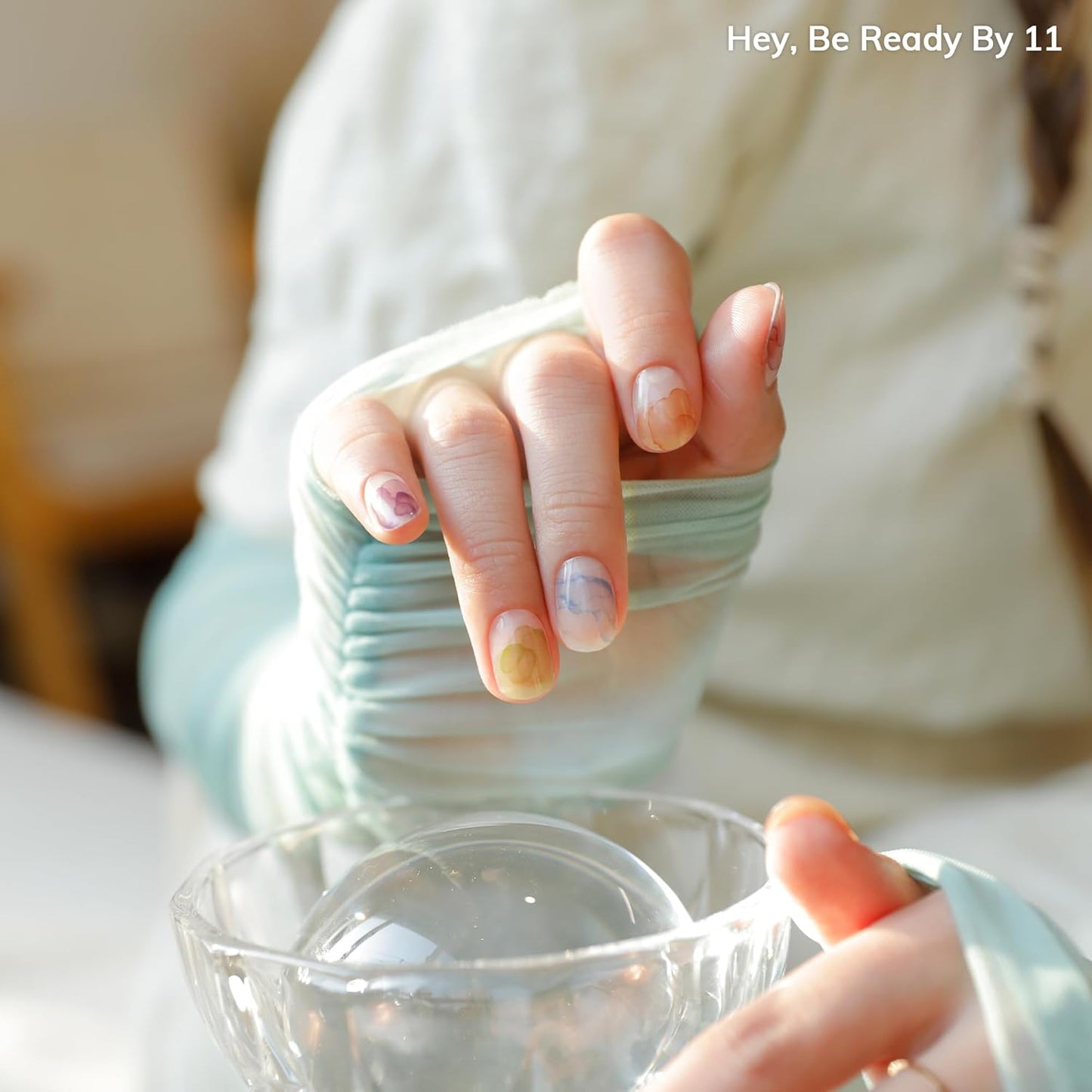 Semi Cured Gel Nail Strips | No LED Lamp Needed | Marble, Spring | Easy Apply & Remove, Salon Quality | Includes 28 Strips, 1 Prep Pads, Nail File & Wooden Stick - Hey, Be Ready by 11