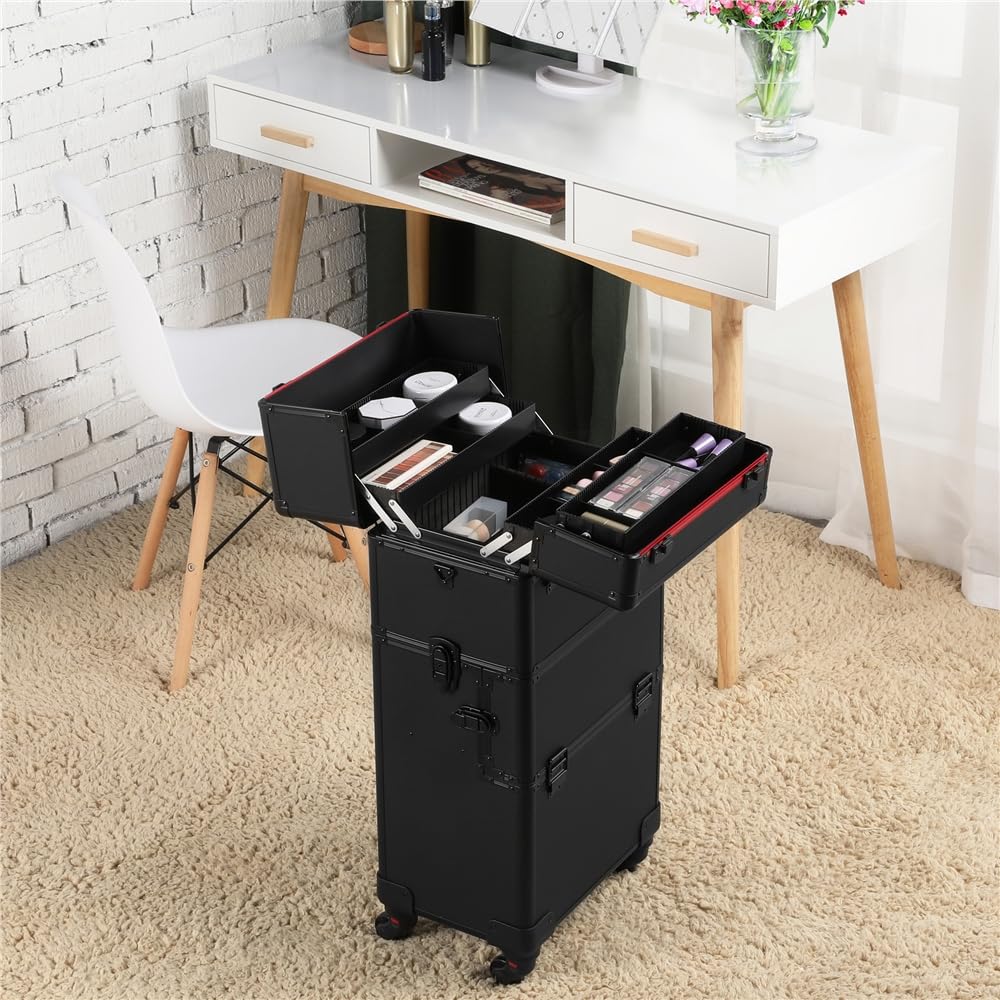 Yaheetech Makeup Train Case 3 in 1 Professional Cosmetic Trolley Multi-Functional Organizers Large Storage Traveling Cart Trunk for Nail Tech - Black