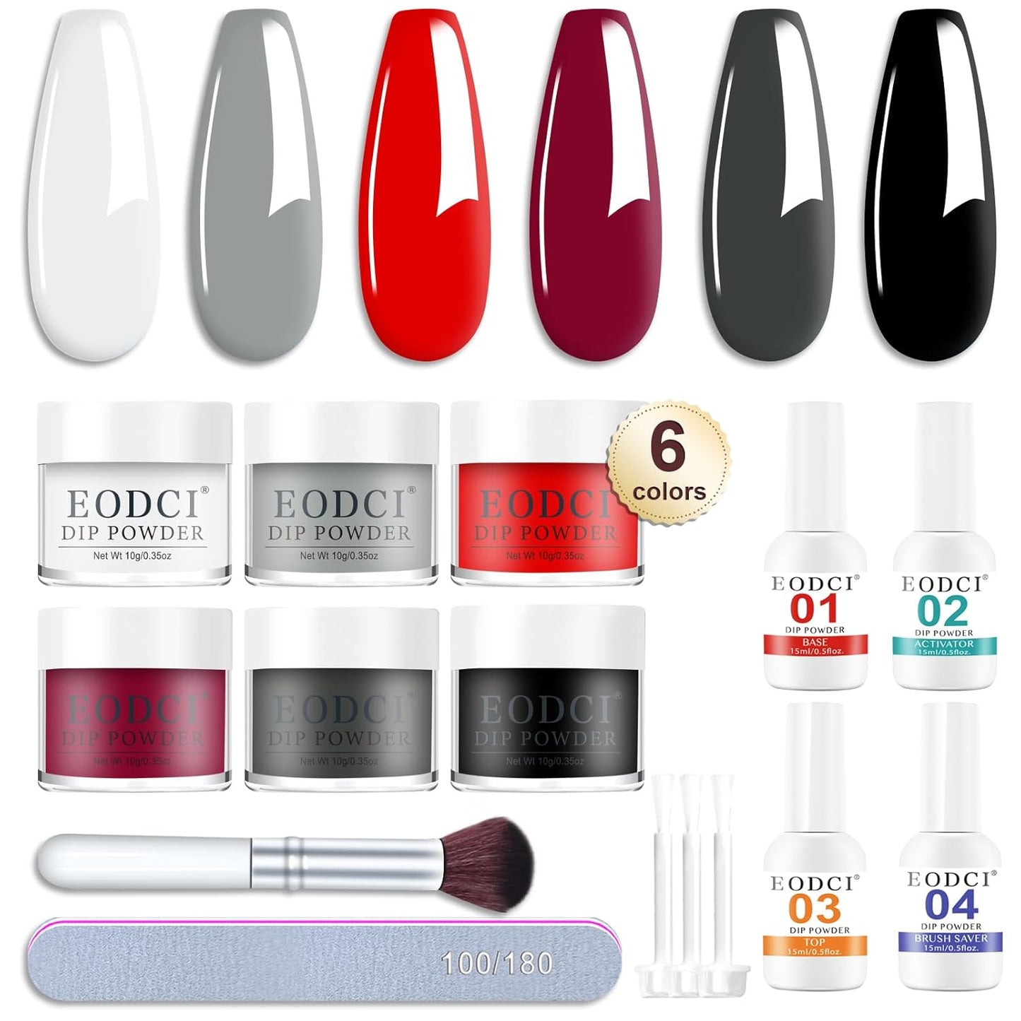12 Pcs Dip Powder Nail Kit Starter, 6 Colors Red Black White Dipping Powder Kit With Base & Top Coat/Activator/Brush Saver, Nail Art Dip Manicure Kits for Women