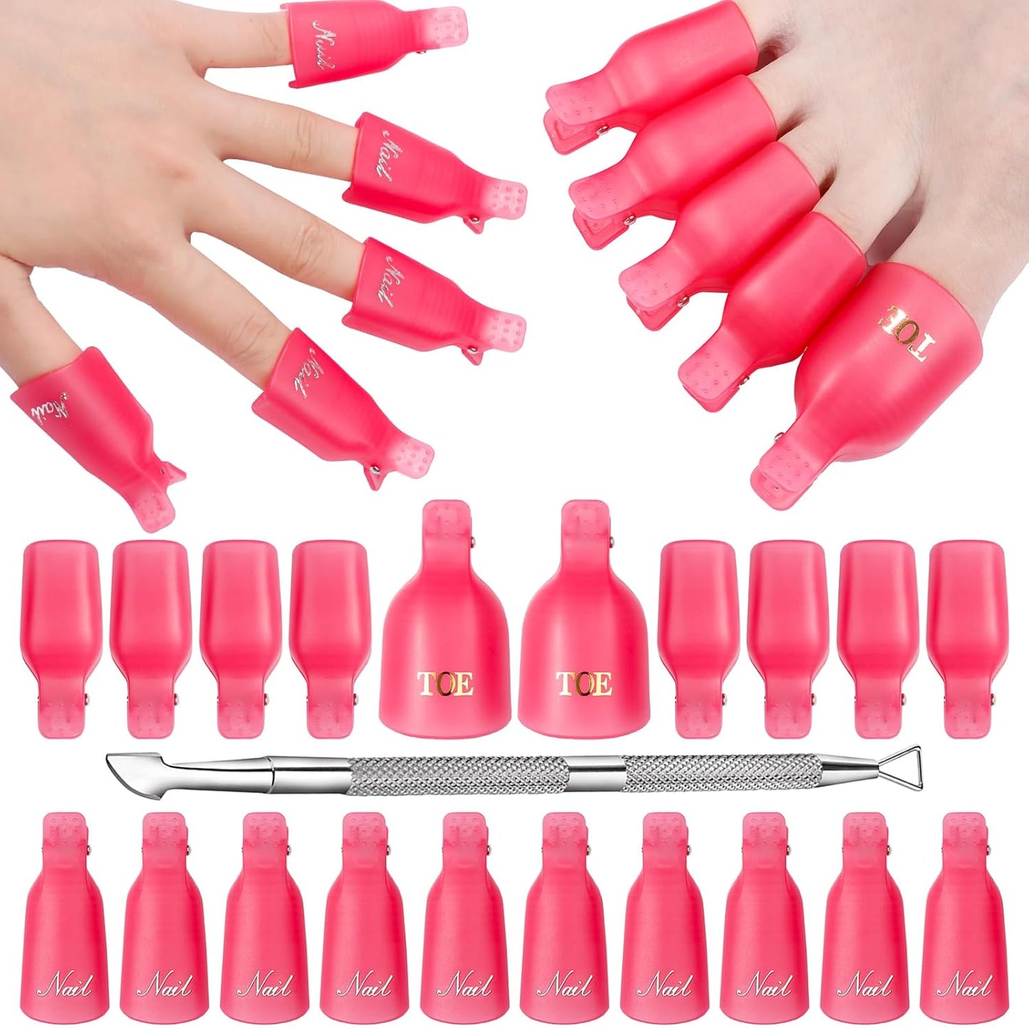 Makartt Nail Polish Remover Kit 20 Pcs, Soak Off Cap Clips, with Double-Ended Cuticle Pusher, UV Gel Polish Removal Tools for Fingers and Toes, Reusable, Rose