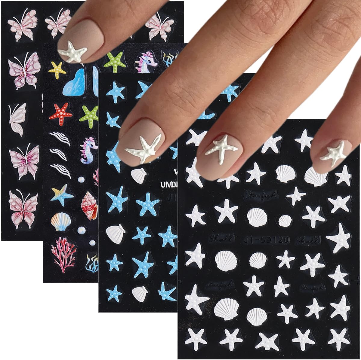 Summer Ocean Nail Stickers, Starfish & Sea Horse Nail Decals, 4 Sheets 5D Embossed Vacation Nail Art