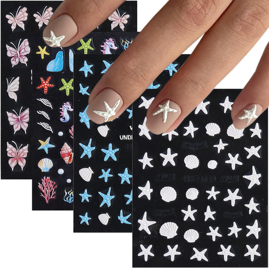 Summer Ocean Nail Stickers, Starfish & Sea Horse Nail Decals, 4 Sheets 5D Embossed Vacation Nail Art