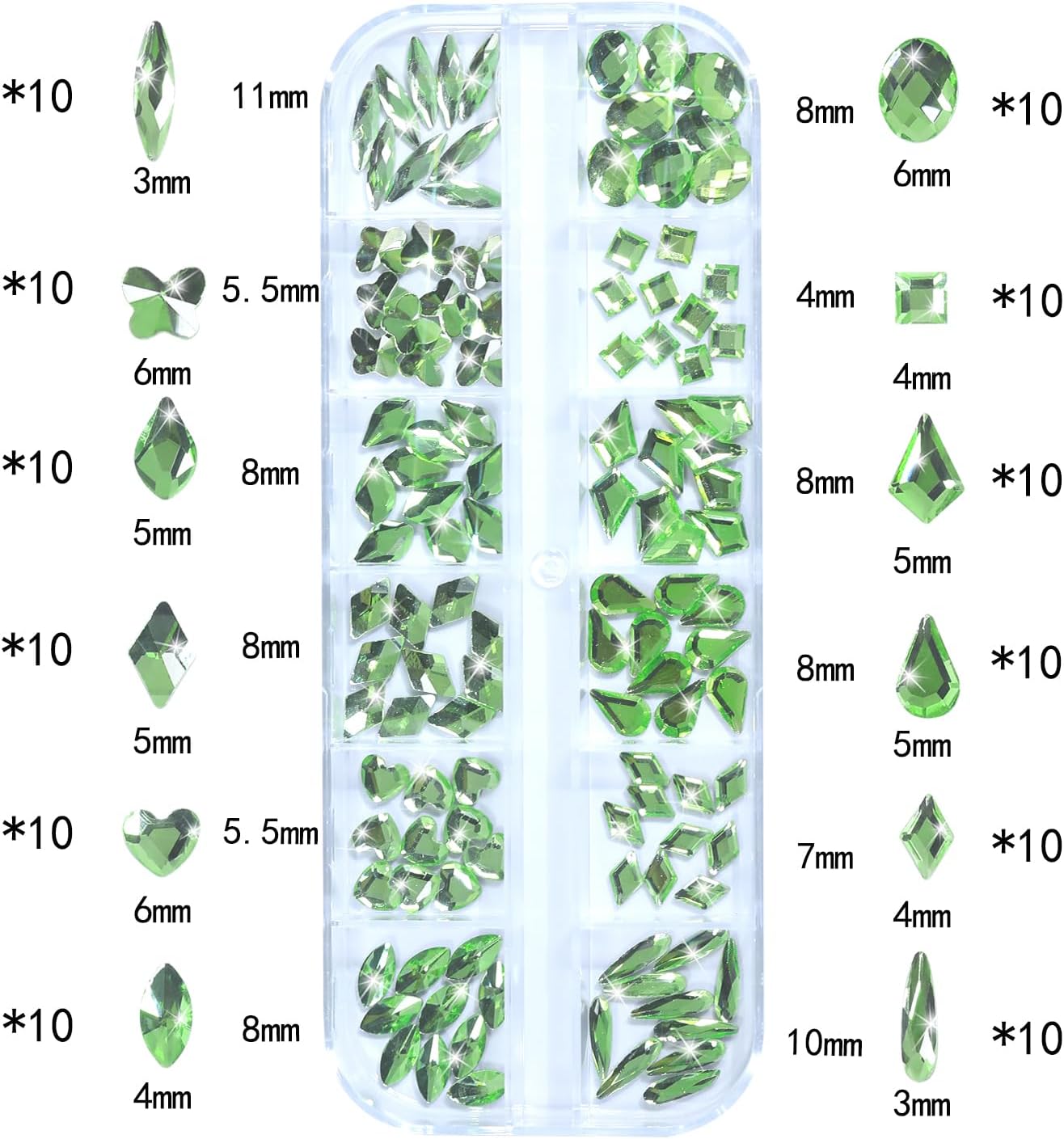 Nail Rhinestones - 3D Multi Shape Size, Flat Back, Manicure Rhinestones Charms, Crystal Light Green Gems, with Kit, for Nail Art, Bedazzling Acrylic Nails, DIY Decor