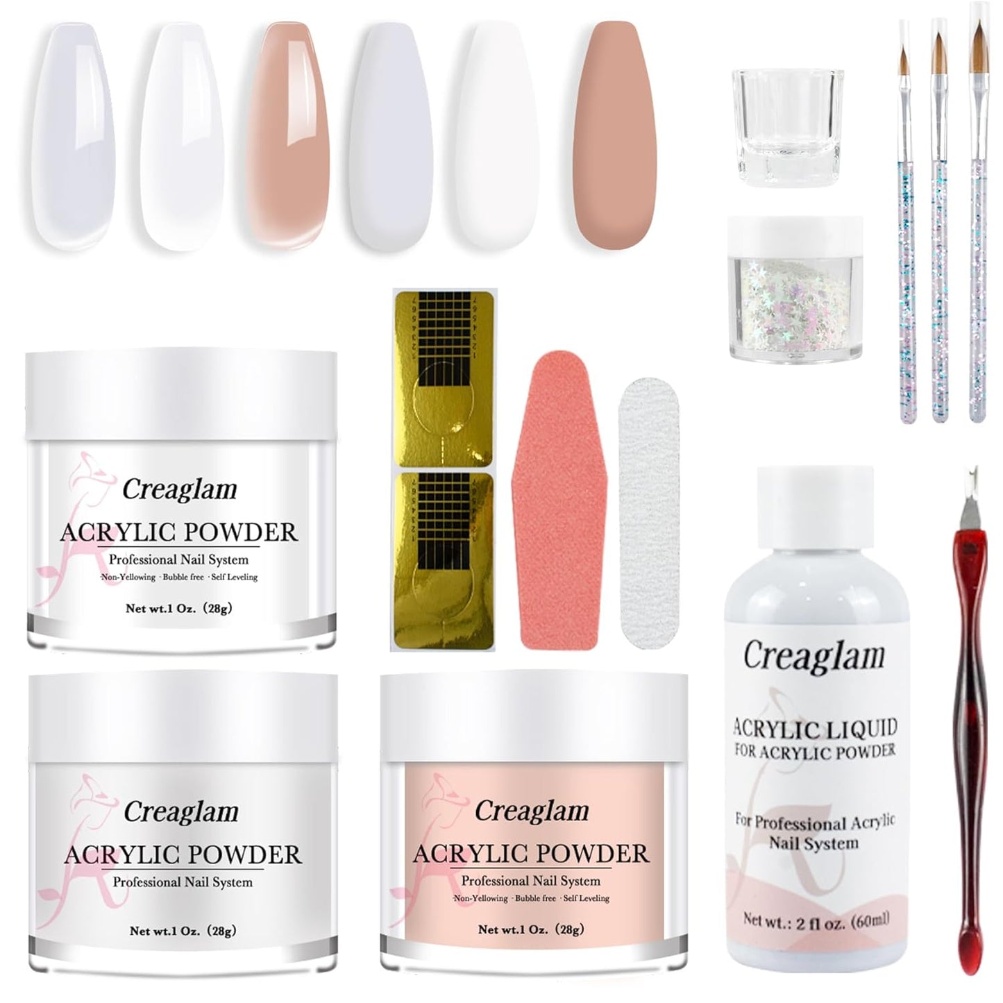 Acrylic Nail Kit for Beginners: 3 Colors 28g Nude Clear White Acrylic Nail Powder Professional Gel Glue - 1Oz Large Capacity Acrylic False Set witn 60ml Liquid and Brush Nail Forms Tools