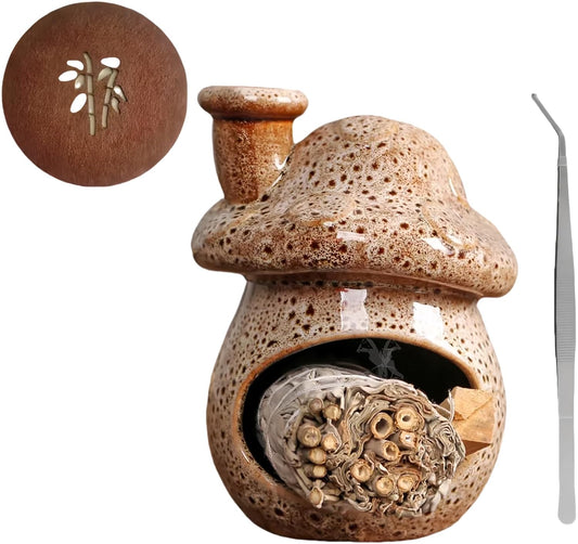 Mushroom Incense Holder, Brown Ceramic Palo Santo Holder Burner & Sage Holder - Mini Tabletop Chiminea Burner Tray with Ash Catcher, Cute Mushroom Decorations for Spiritual Meditation & Yoga