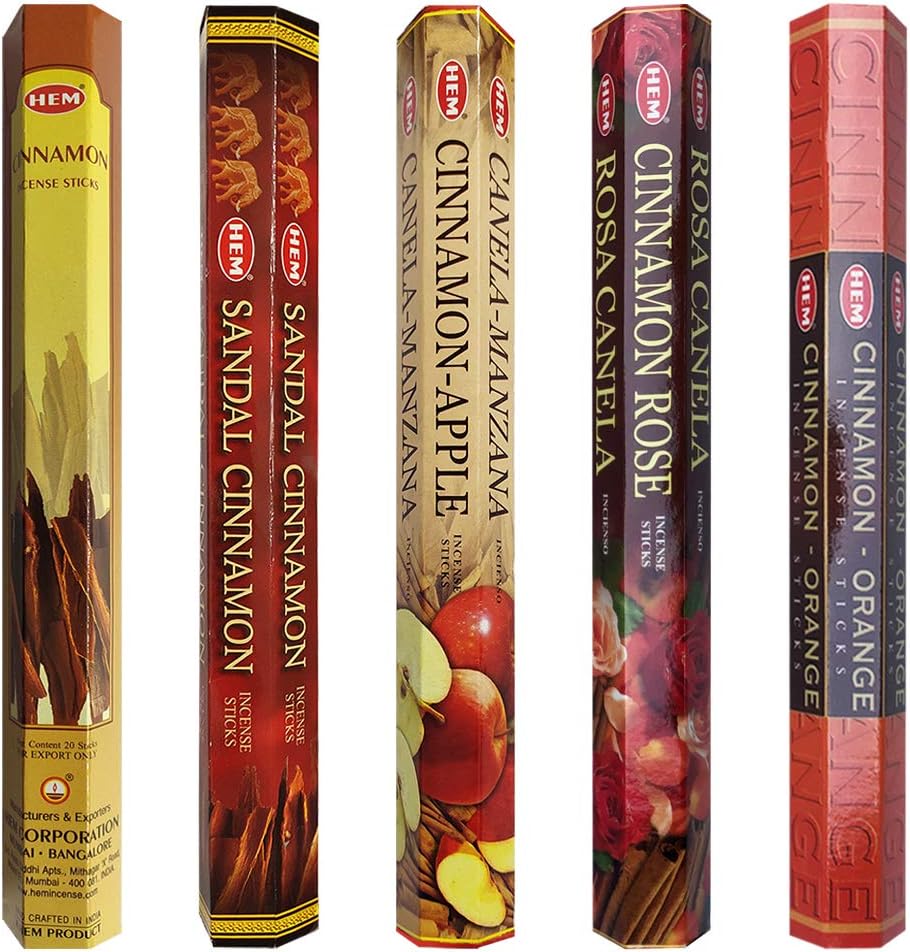 Hem Incense Sticks Variety Pack #8 and Incense Stick Holder Bundle with 5 Cinnamon Based Fragrances