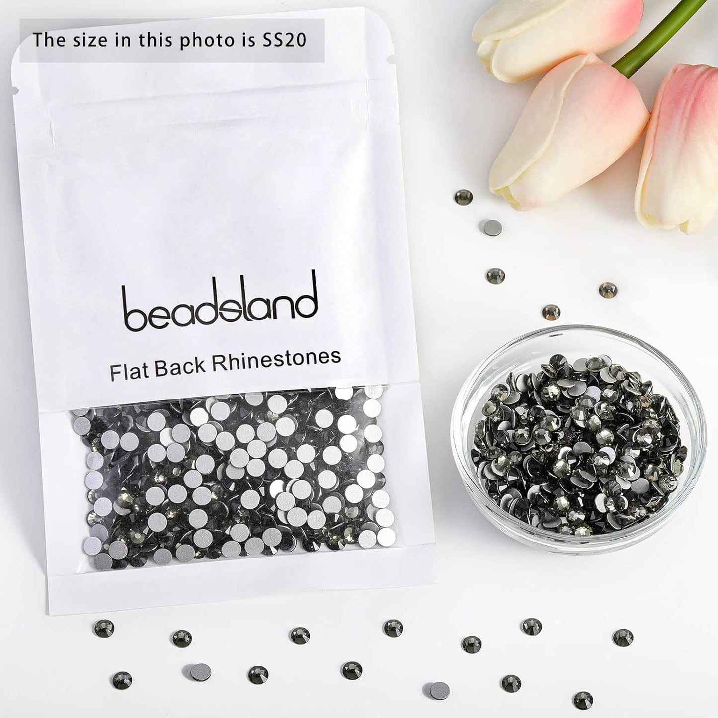 Beadsland 1440pcs Flat Back Crystal Rhinestones Round Gems for Nail Art and Craft Glue Fix,Black Diamond,SS20,4.6-4.8mm