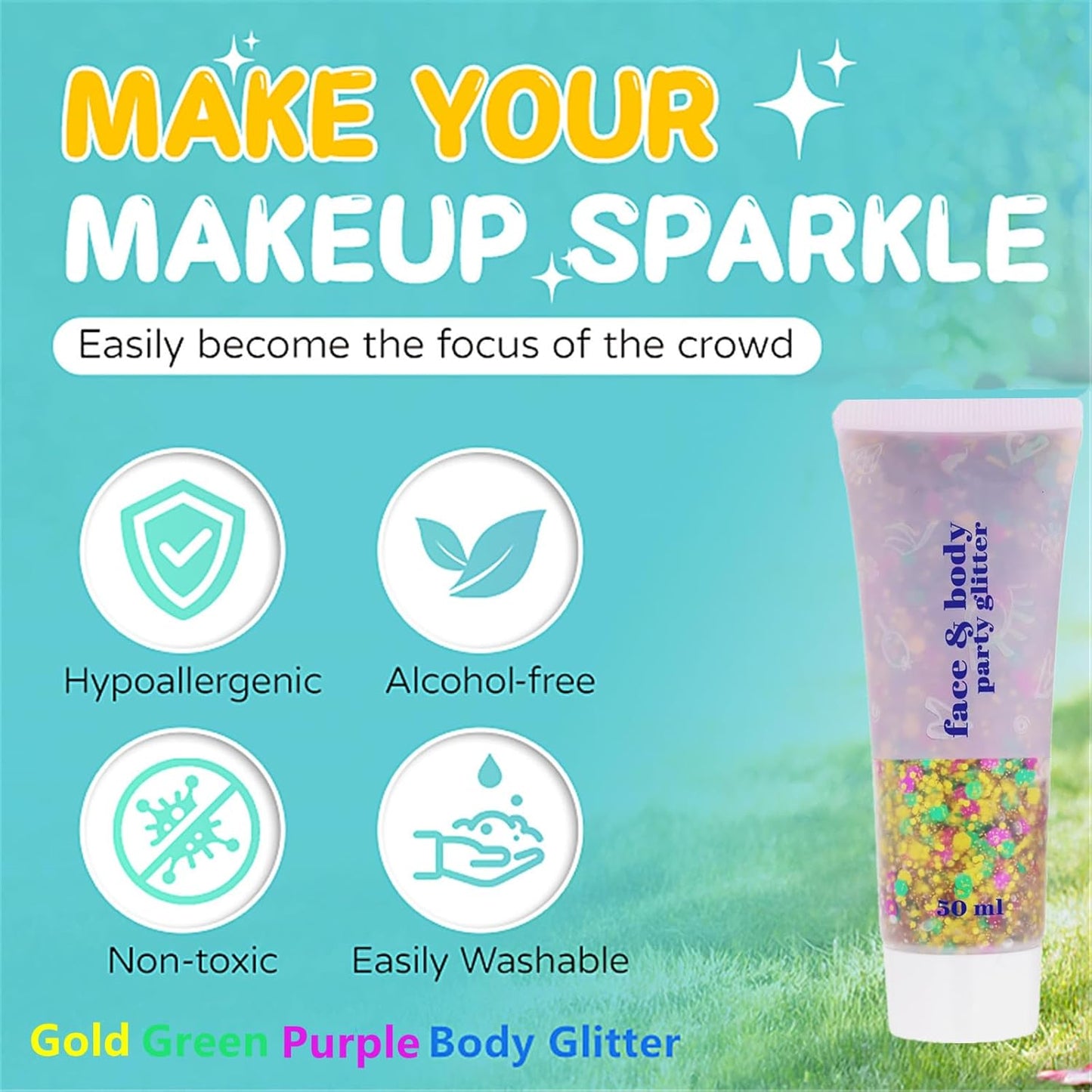Go Ho Face Body Glitter Gel,Mardi Gras Outfit for Women and Kids,Sparkly Holographic Party Festival Rave Mardi Gras Accessories for Carnival,Gold Green Purple Chunky Glitter Makeup,52g