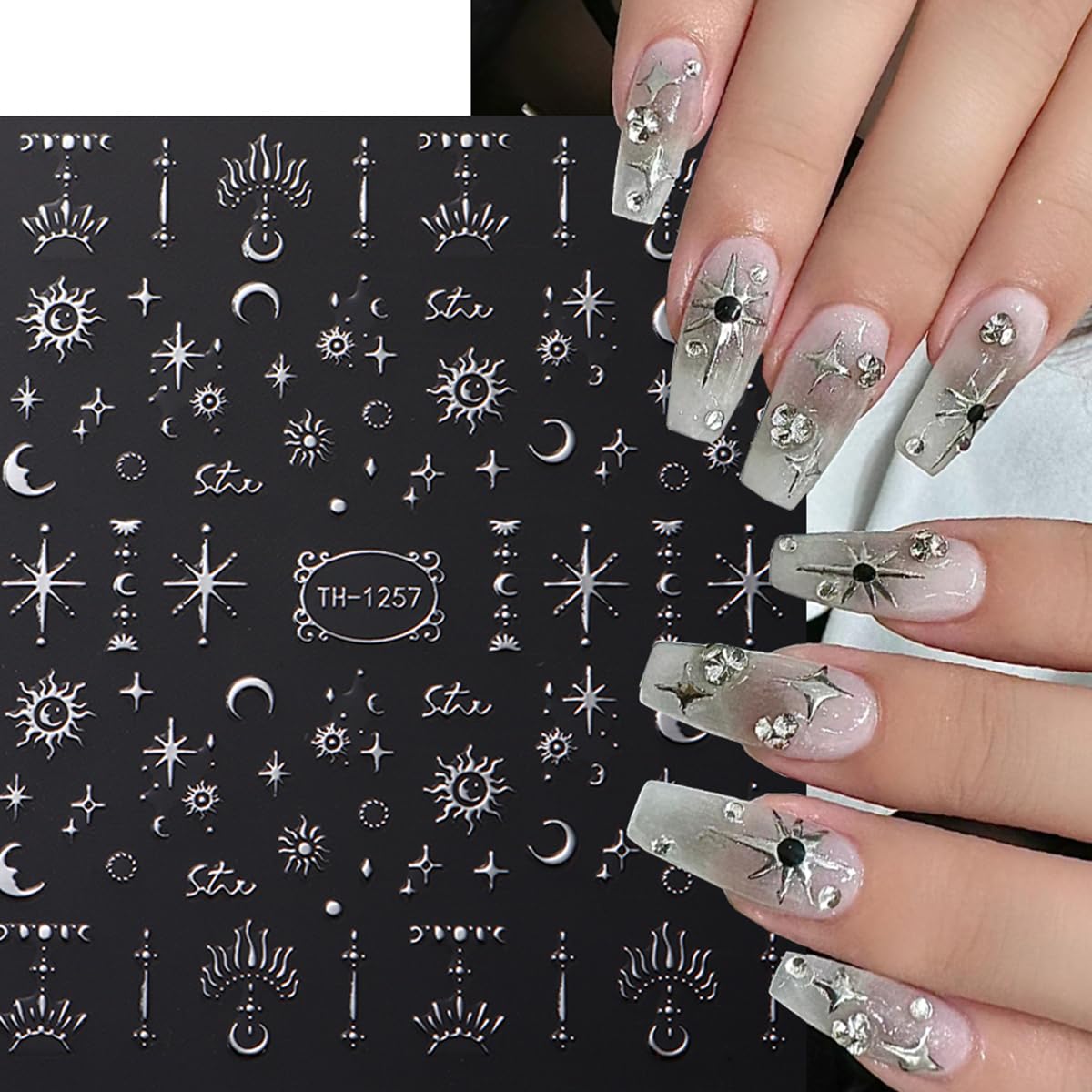 6 Sheets Metallic Nail Art Stickers Decals-3D Self-Adhesive Sun Stars Moon Nail Design Luxury Silver Metallic Nail Supplies Designer Nail Stickers for Women Acrylic Nails Decorations Accessories Craft