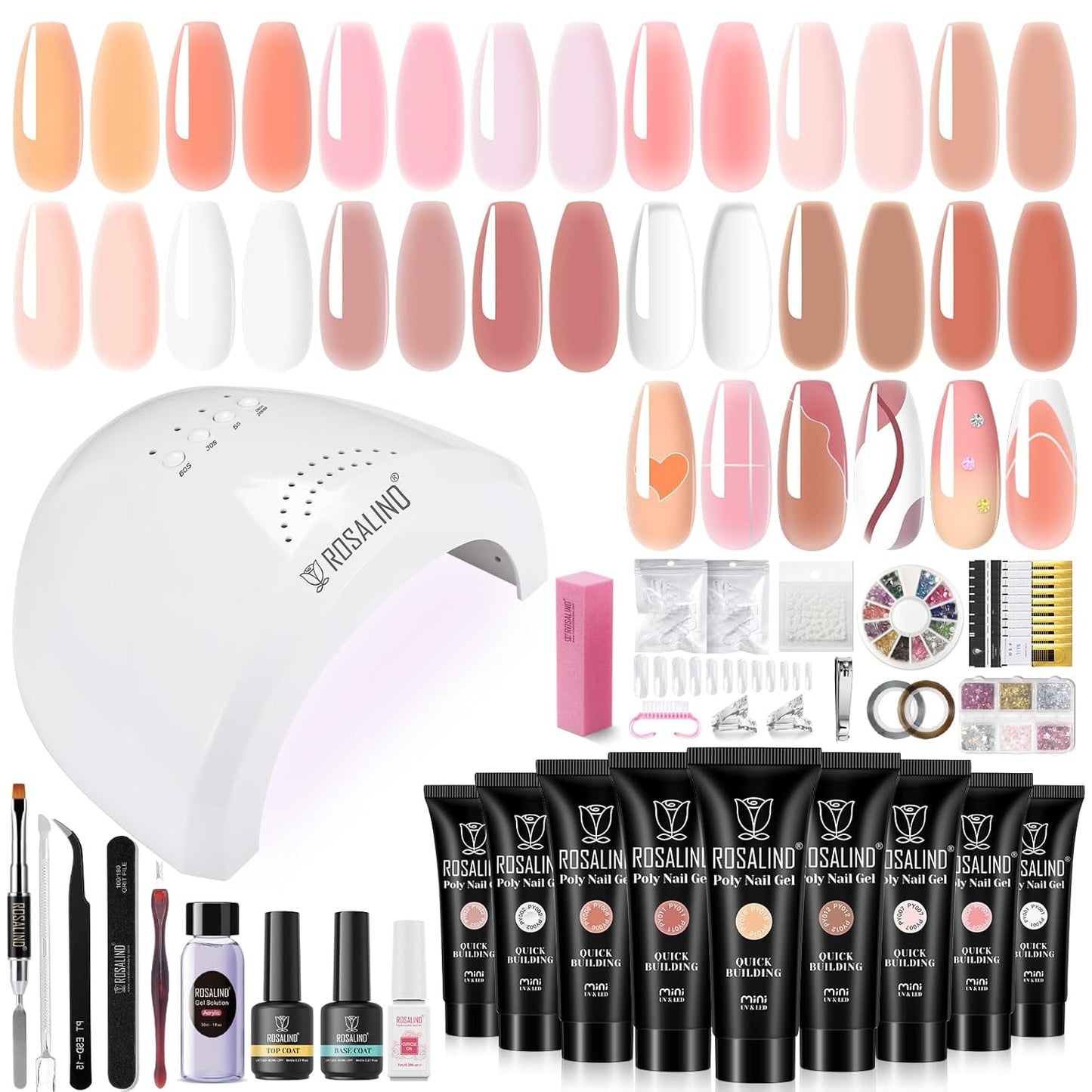 ROSALIND Nude Poly Nail Gel Kit, 14 Colors Pink Poly Nail Gels Kit with Slip Solution and Mini Lamp Poly Nails Gel Starter Kits For All Seasons Beginner DIY at Home