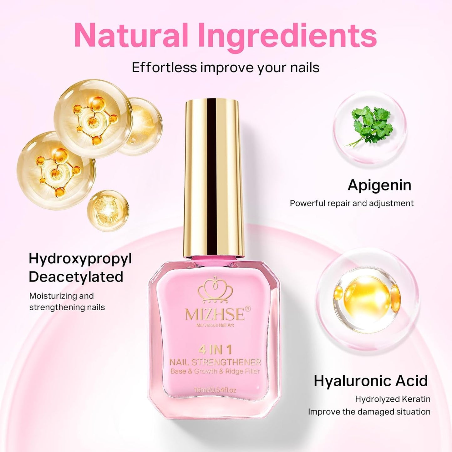 MIZHSE Nail Strengthener, Light Pink Air Dry Nail Repair Treatment Growth Polish, Natural Concealer Ridge Filler for Nails Foundation Polish for Thin and Damaged Nails 16ML