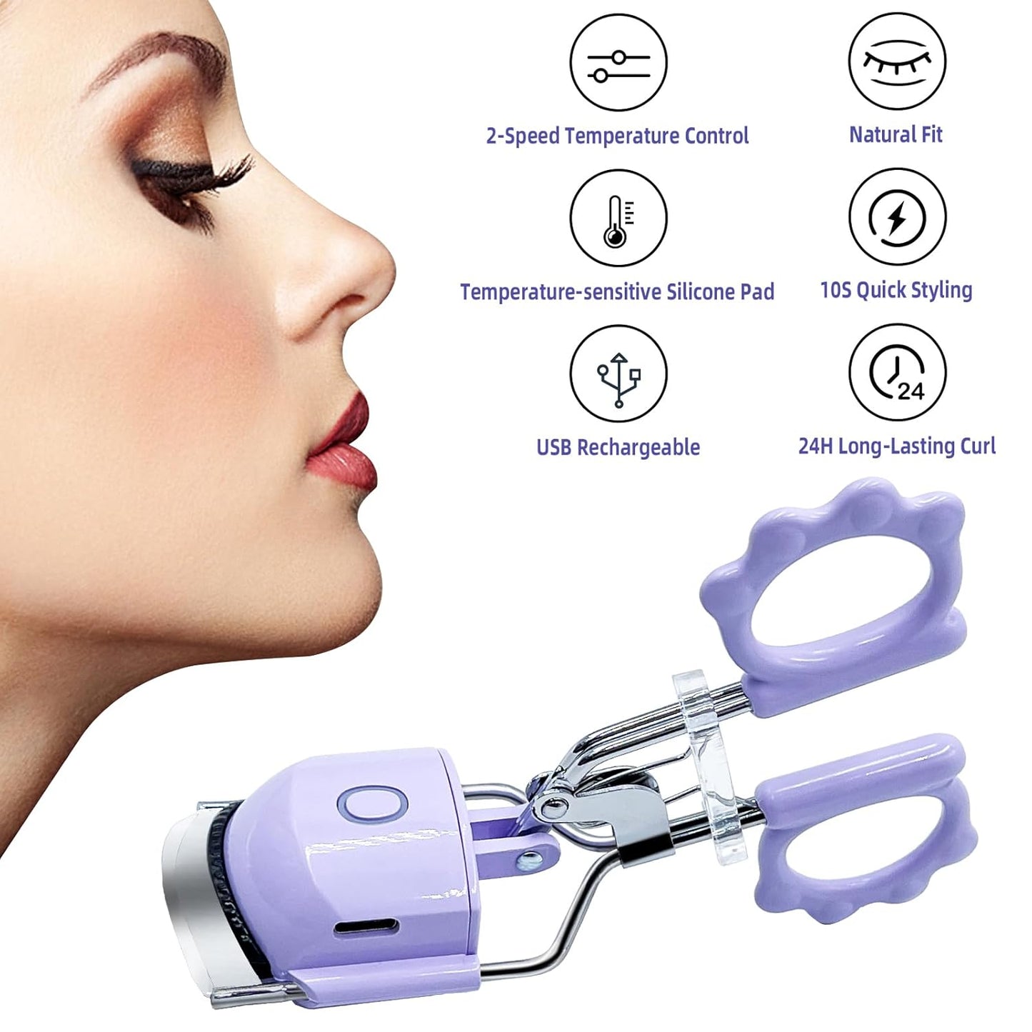 Pinkiou Heated Eyelash Curler for Women USB Rechargeable Lash Curler Long Lasting Ironing Electric Eyelash Curler with Silcone Pad Replacable Great Makeup Tools for Her(Purple)