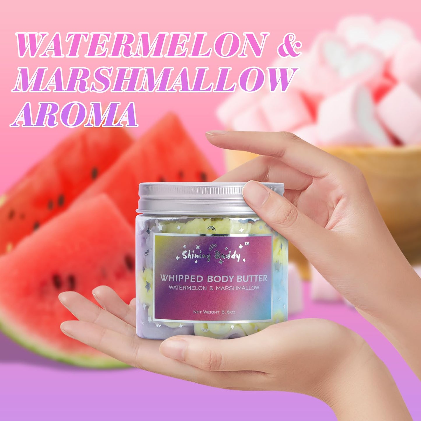 Whipped Rainbow Body Butter, Watermelon & Marshmallow, Fruity Scent, Infused with Fruit extracts, Non-Greasy,Creamy & Moisturizing Shea Butter,Nourishing Skincare for All Skin,5.6 oz